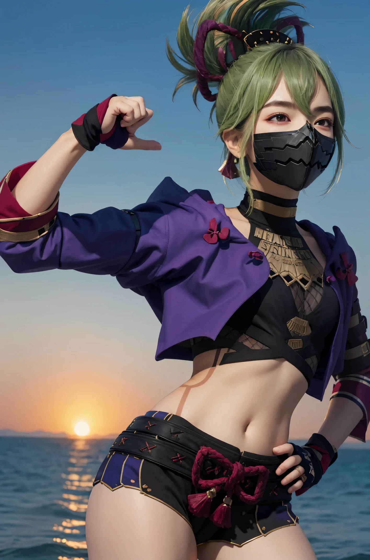 masterpiece, best quality, Kenin V4, 1 girl, alone, Chest, looking at the audience, simple background, raise your legs, Gloves, White background, navel, hair between eyes, Permanent installation, jacket, whole body, shorts, diaphragm, Stomach, armor, crop top, hands on hips, short shorts, mask, black shorts, fishing net, rope, cropped jacket, mouth mask, purple jacket, fishnet top, ninja mask,
