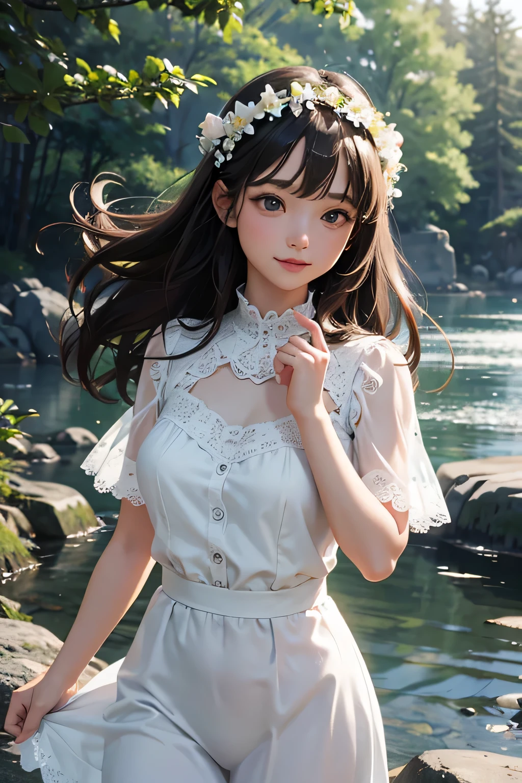 very cute and beautiful girl,Ruffled white summer dress with fine lace,skirt lift,white panties,
(very detailed美しい顔),cowboy shot,(smile:1.2),black hair,flower crown,
(Standing by a water fountain in the forest),fog,fantastic stone monument,detailed landscape,
(highest quality,masterpiece:1.2),disorganized,High resolution,super detailed,very detailed,32K,8K resolution,
intricate details,movie-like scene,detailed background,alone,dynamic angle,
cinematic lighting,dim light,hair blowing in the wind,perfect hands,