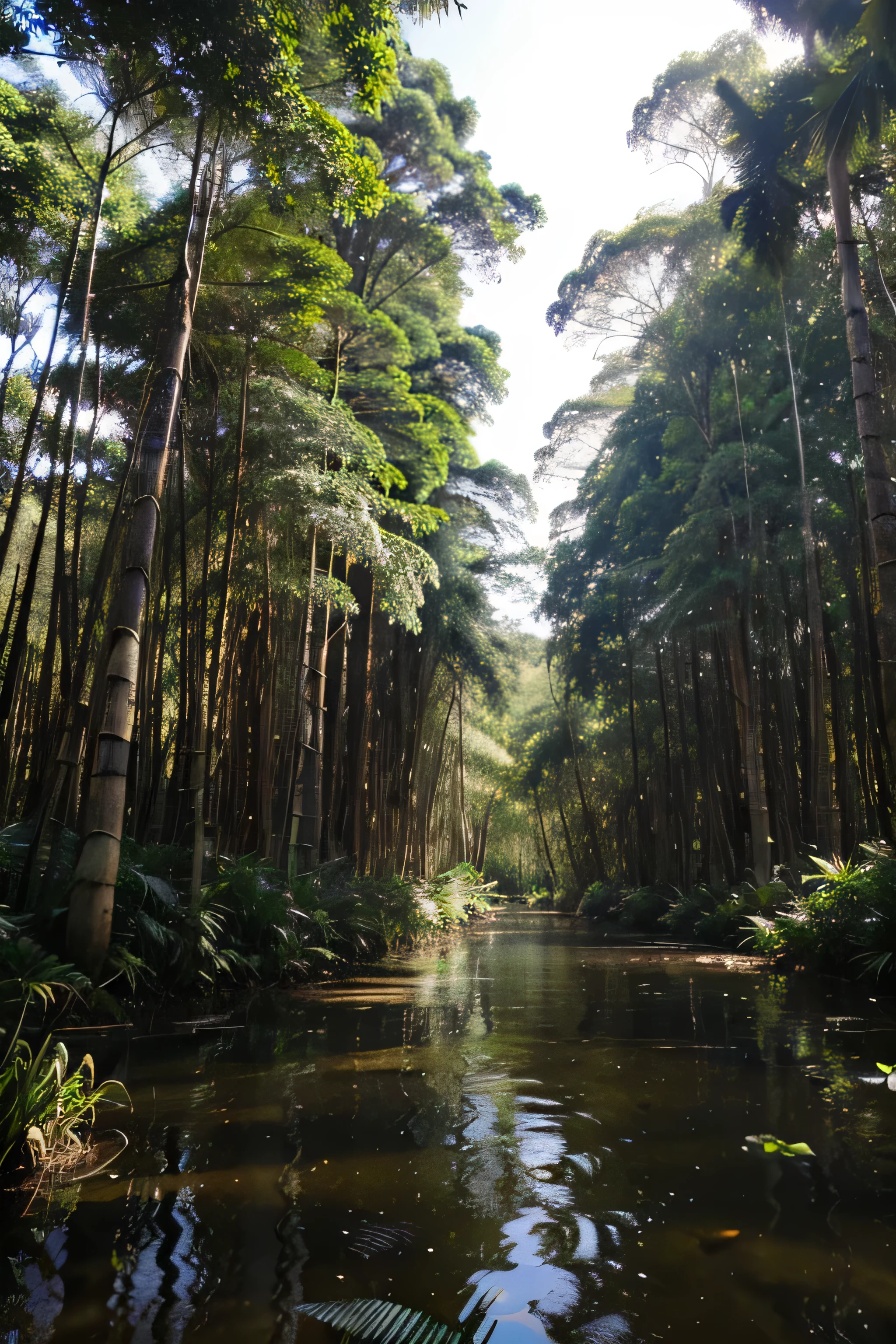 Floresta de Bambu do Acre, com um rio, e nuvens, 
realista