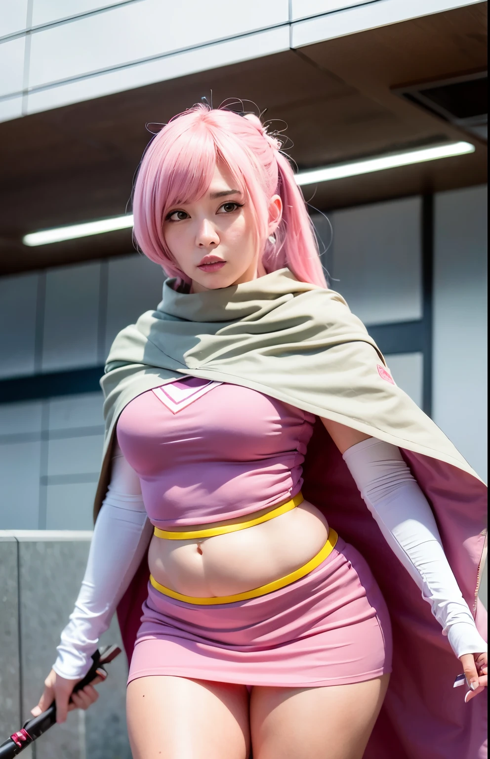 Around 50 wearing a pink dress and a cloak holding a sword, Science Ninja Corps、Jun、Portrait of a modern dharna, As a retro-futuristic heroine, cosplay photo, cosplayer, professional cosplay, publicity cosplay, echo from overwatch, power girl, As an Overwatch character, anime cosplay, IU Lee Ji Eun plays a super villain, cosplay, close up photo, with cloak