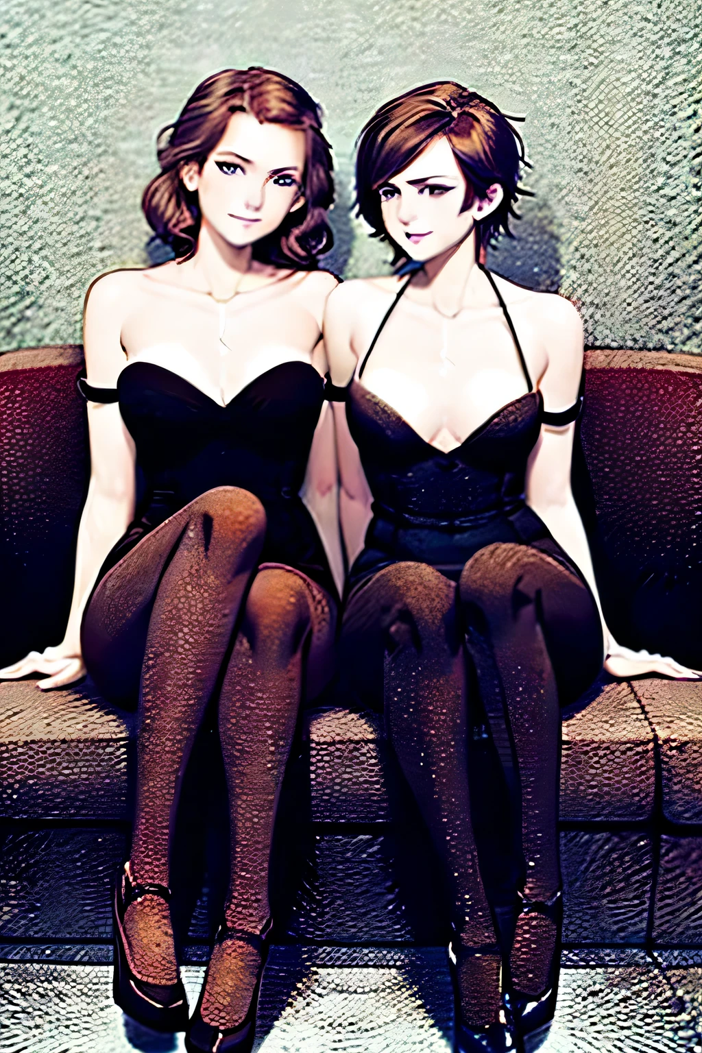 2 lesbians in lingerie sit on a sofa with high heels and stockings