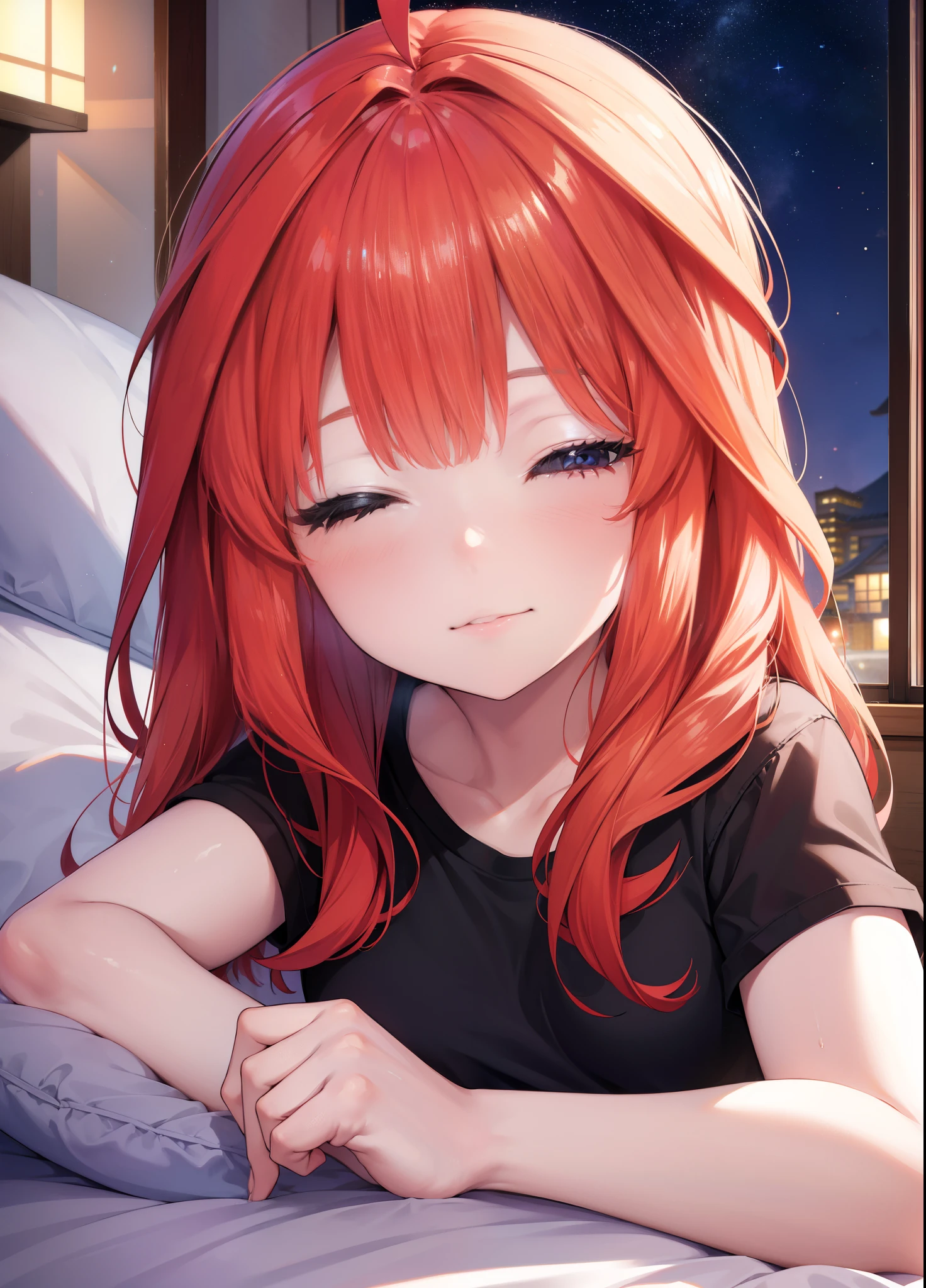 itsukinakano, Itsuki Nakano, bangs, hair between eyes, Ahoge, redhead,  ,girl sleeping with both eyes closed，smile，Bedroom，light goes out， covered with a blanket， windows，romantic starry sky，extreme light，A meteor crosses,T-shirt,red underwear,sleeping in bed,night,
break indoors, Bedroom,
break (masterpiece:1.2), highest quality, High resolution, unity 8k wallpaper, (shape:0.8), highly detailed face, perfect lighting, Very detailed CG, (perfect hands, perfect anatomy),