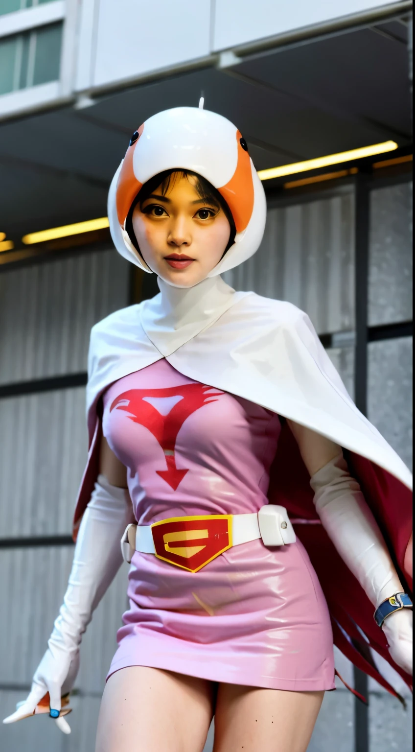 A woman wearing a pink dress and cloak is standing in front of a building, power girl,Jun the Swan、science ninja、 As a retro-futuristic heroine, As a retro-futuristic heroine, sheila, she - ra, anime female hero portrait, Portrait of a modern dharna, anime visual of super girl, super girl, official art, Dinah Drake, hironaka, blowjob white mecha