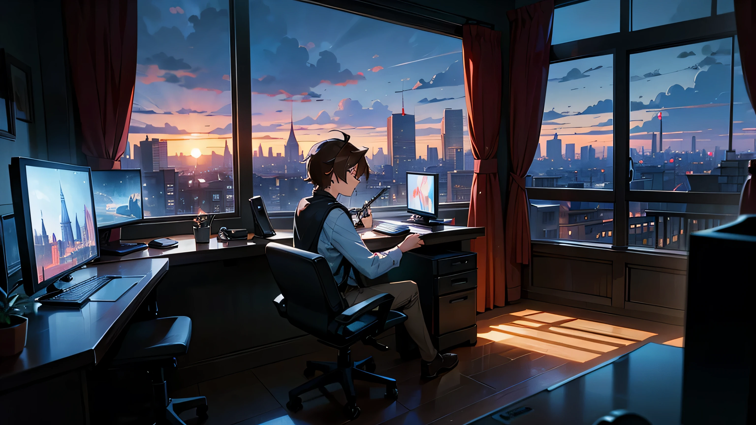 1 male、twinks、独奏、sitting on, room with, messy brown hair, blue eyes, gaming setup, gaming computer, 2 gaming monitors, looking at the viewer, Rough clothing, dark, City view at night from the window, Dark room, Flower pots on the windowsill, potted plant, Tulle transparent curtains, Socialist classicism, high buildings. city light, Cityscape, moon , the clouds, Black sky, Lonely silhouette by the window, raining dark
