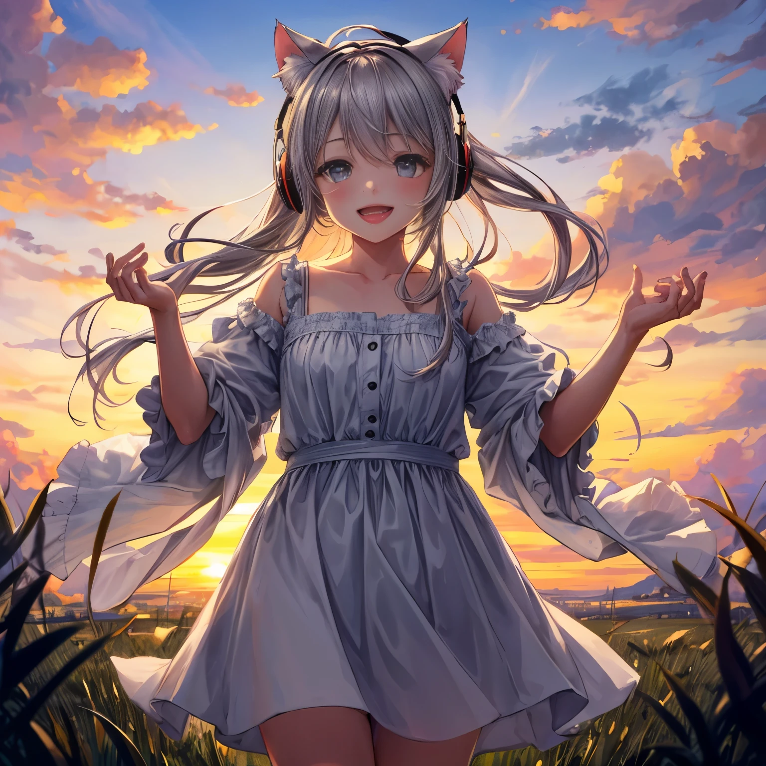 masterpiece, highest quality, movie stills, 1 girl, Cloud Girl, floating in the sky, close, bright, Happy, warm and soft lighting, sunset, (spark:0.7)、cat ears、headphone、gray hair、17 year old girl、cute、Glamour、good style、laughter、Plump、Good style、grassland、