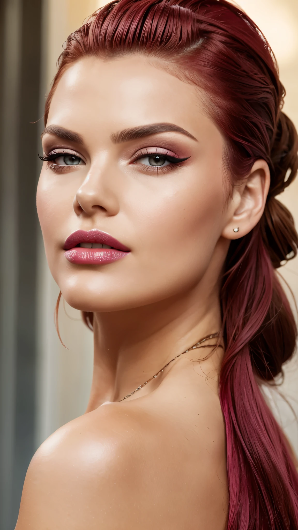 Pink make-up, pink lipstick, slicked back red hair, Detailed Face, Detailed Lips, Detailed Eyes,
