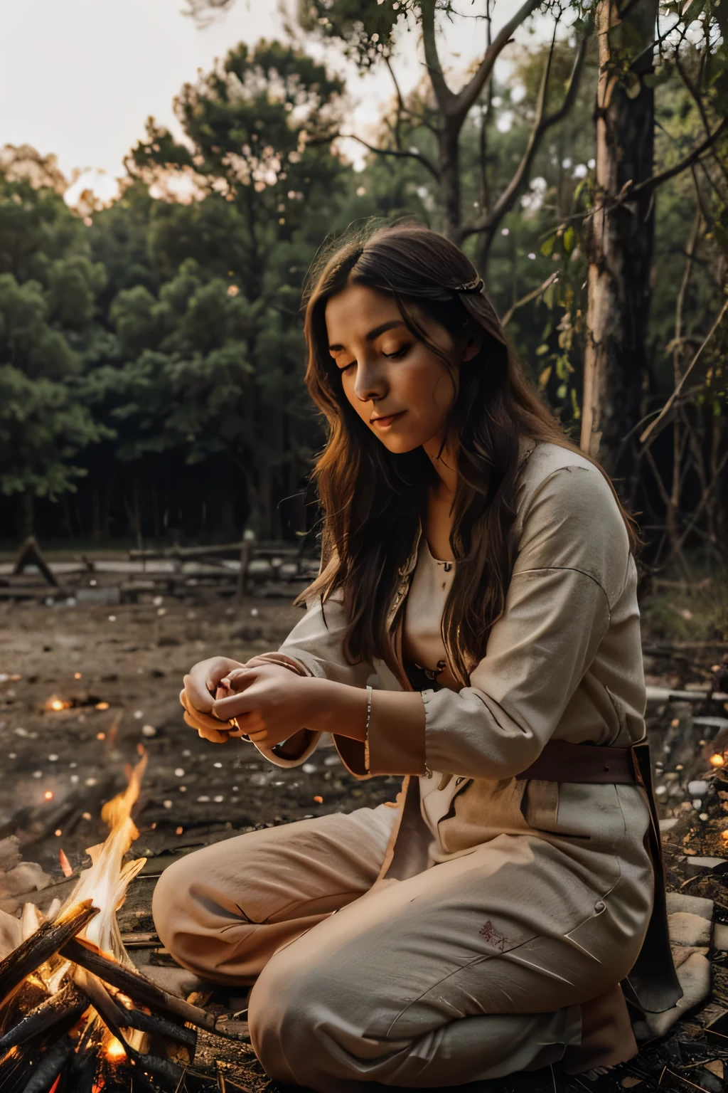 Woman sitting in front of a bonfire with her hands facing the fire as if she was doing magic, na floresta, flores com animais por perto( Corujas, serpentes, A hawk), Cogumelos, a nearby stream