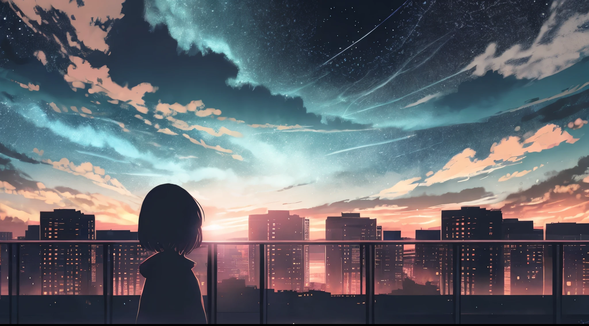 anime,silhouette,1 girl, star (null), cloud, cityscape, building, city, outdoors, nullscraper, city lights, night, night null, sunset, nullline