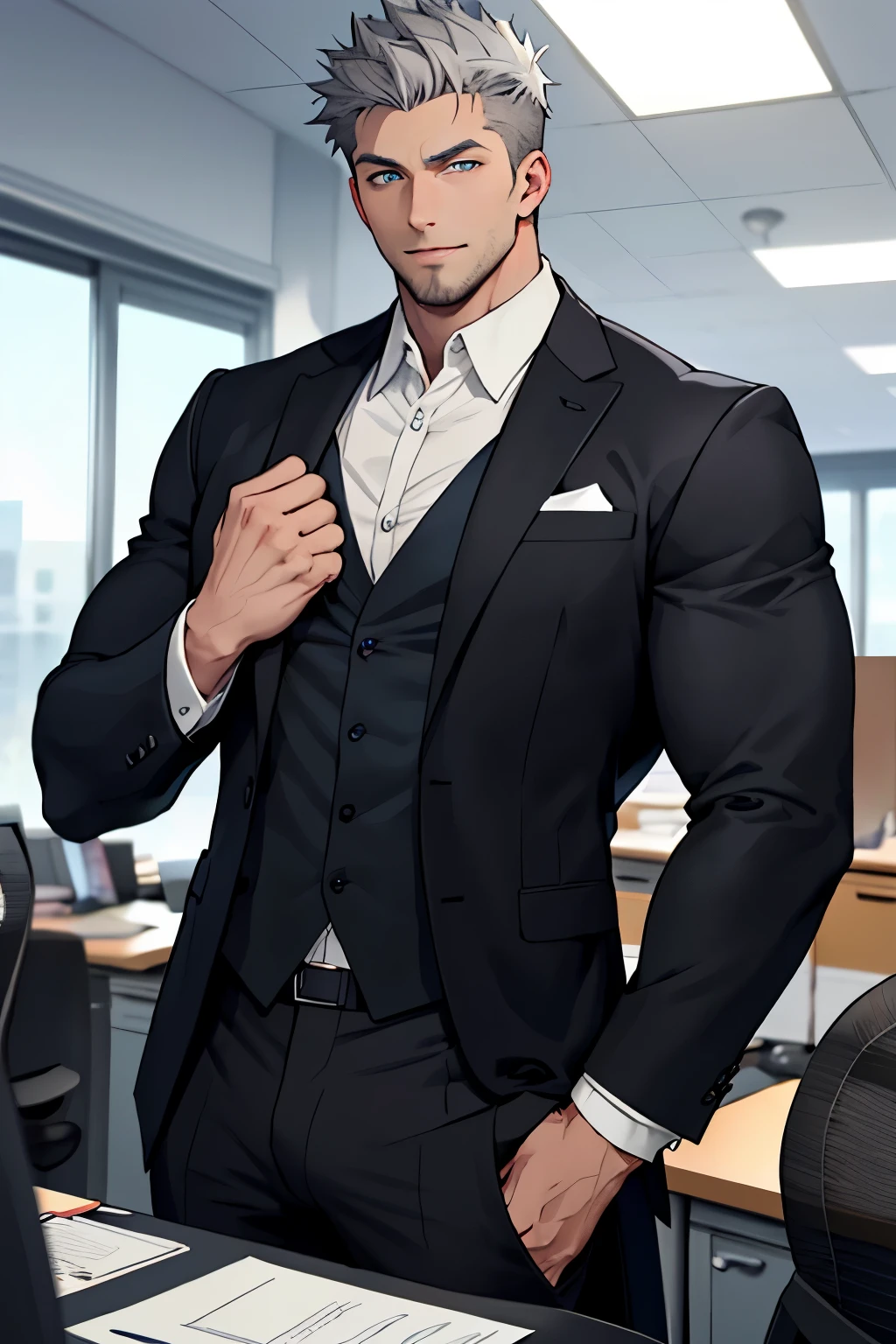 Young man,muscular,short grey hair,blue eye,big bulge,in black suit,very handsome,in office,flirting,massive 