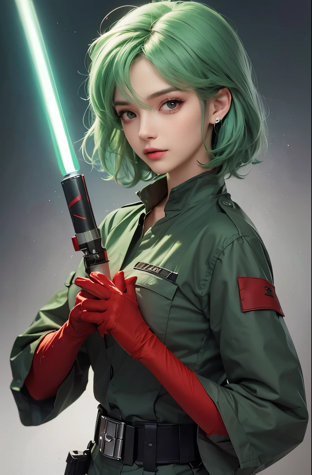 A beautiful woman. Seventeen. Light green hair. She is wearing a combat uniform that is based on red. He holds a light saber in one hand. He has a serious expression on his face.