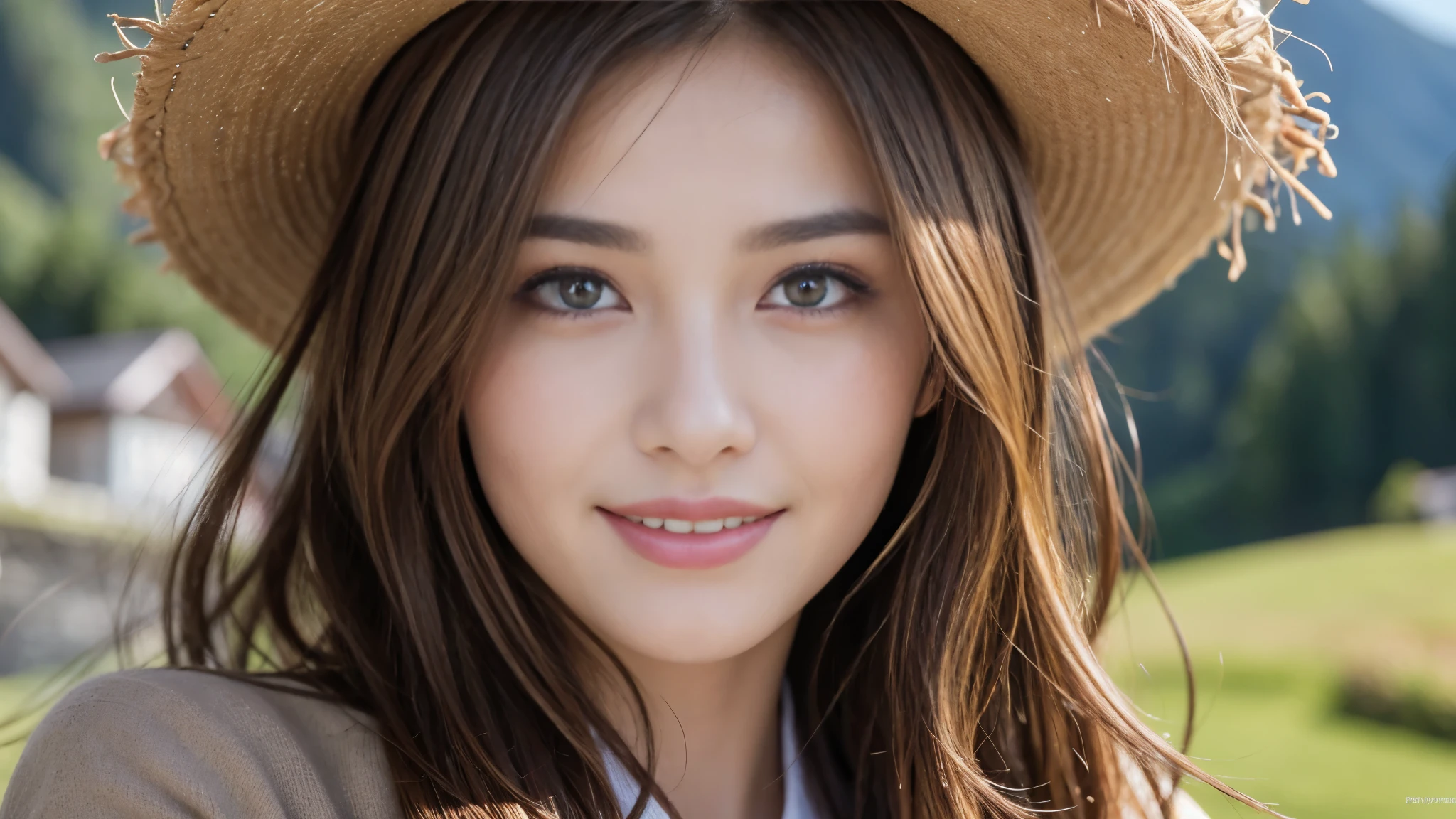 masterpiece, Best Quality, Photorealistic, Ultra-detailed, finely detailed, High resolution, 8K Wallpaper, 1 beautiful woman, light brown hair, foco nítido, Perfect dynamic composition, Beautiful detailed eyes, detailed hairs, Detailed realistic skin texture, Smiling, portrait, Model body type, The background is the village of Grindelwald, Switzerland,