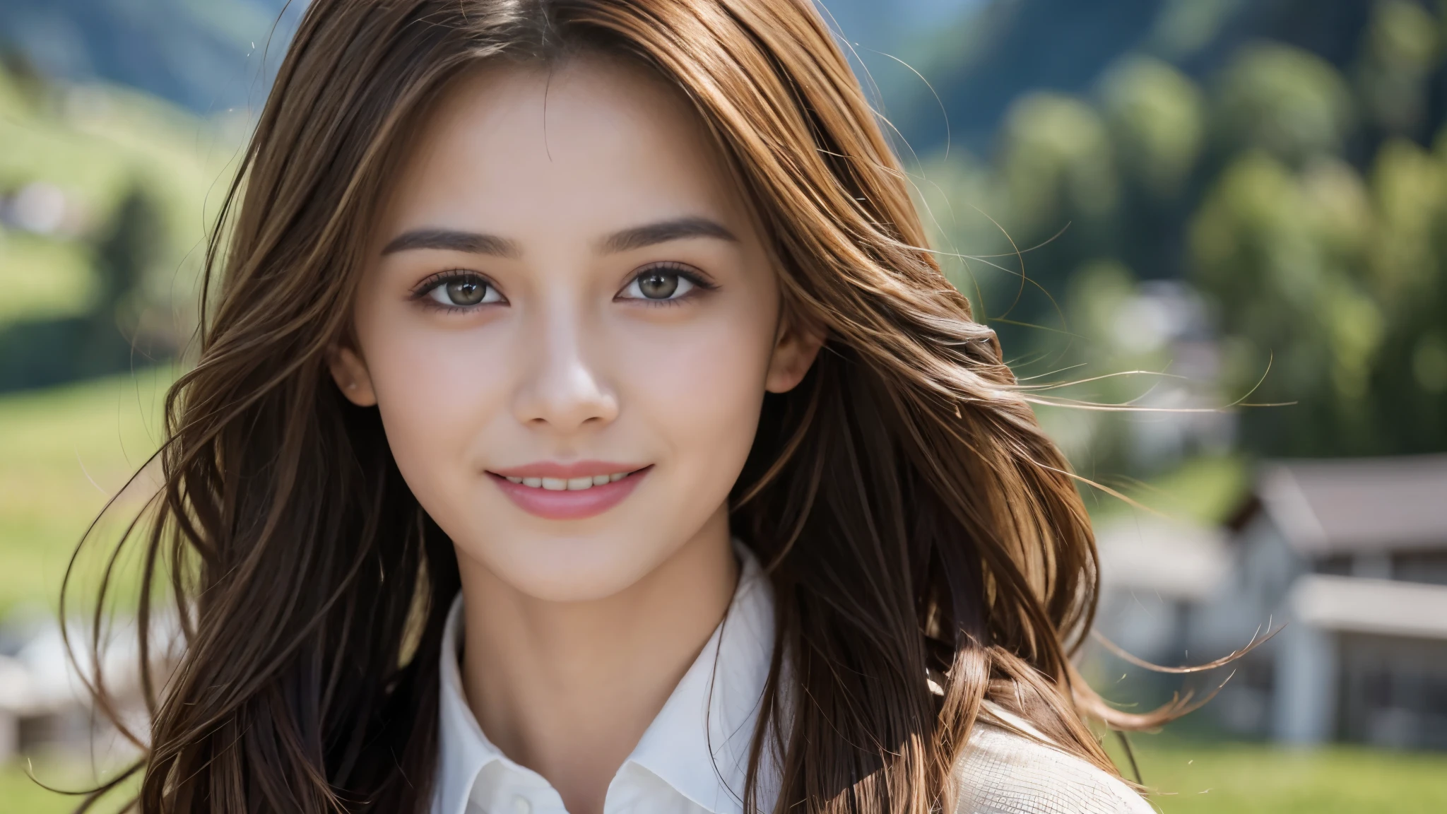 masterpiece, Best Quality, Photorealistic, Ultra-detailed, finely detailed, High resolution, 8K Wallpaper, 1 beautiful woman, light brown hair, foco nítido, Perfect dynamic composition, Beautiful detailed eyes, detailed hairs, Detailed realistic skin texture, Smiling, portrait, Model body type, The background is the village of Grindelwald, Switzerland,
