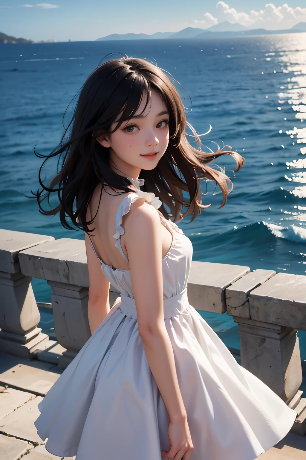 very cute and beautiful girl,,white sun dress with detailed frills,(highly detailed beautiful face),
walking slopy pathway to hilltop,(sea side Mediterranean cityscape),distant harbor,beautiful summer sky,
cowboy shot,smile,(looking back,from behind),wavy black hair,dynamic angle,looking at viewer,
(best quality,masterpiece:1.0),absurdres,highres,ultra-detailed,extremely detailed,32k,8k resolution,
intricate details,cinematic scene,detailed background,solo,dynamic angle,
natural lighting,hair fluttering in the wind,