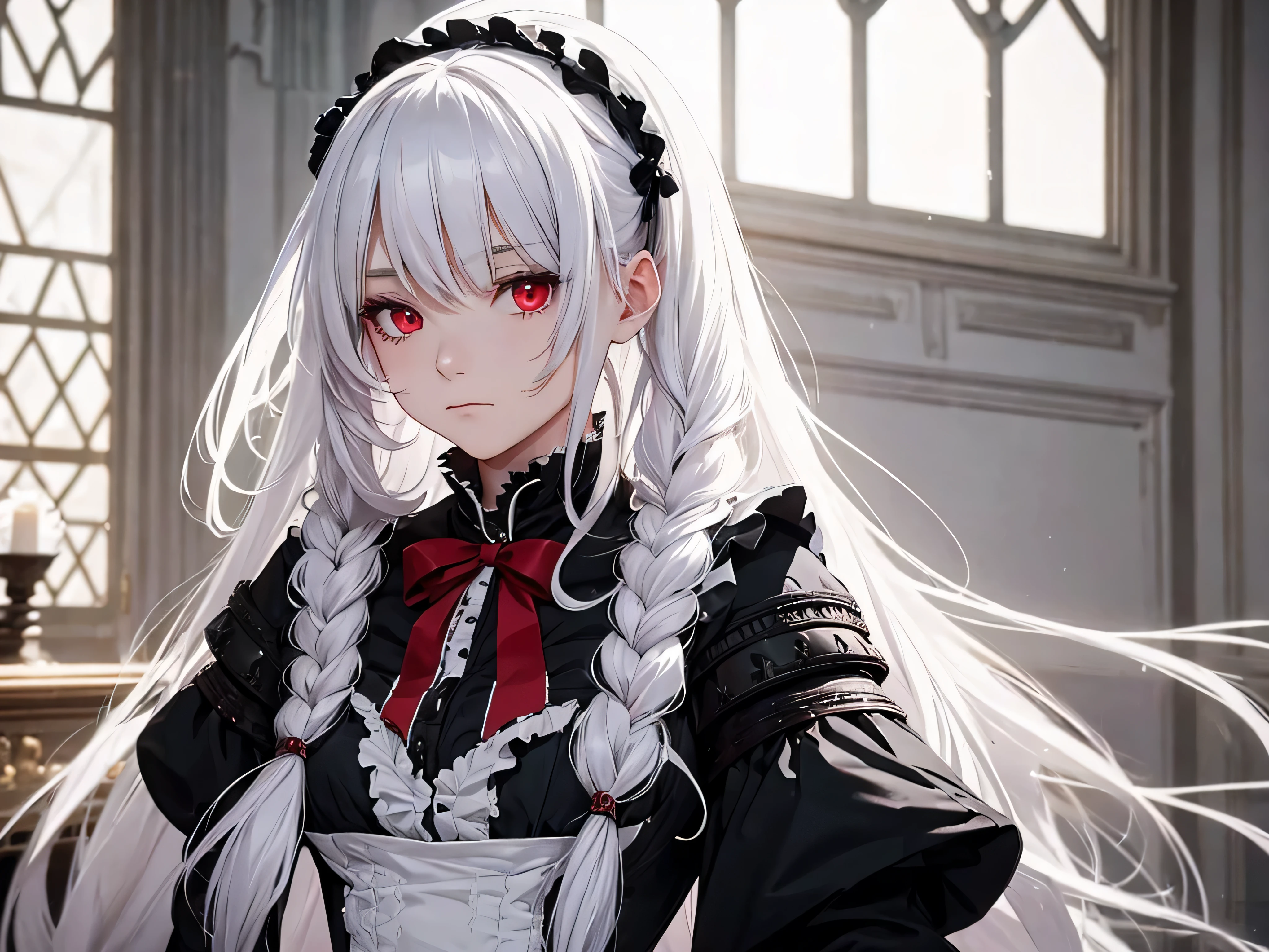 beautiful victorian maid girl with armour, magic aura, long white hair, red eyes, no expression, look at viewer.