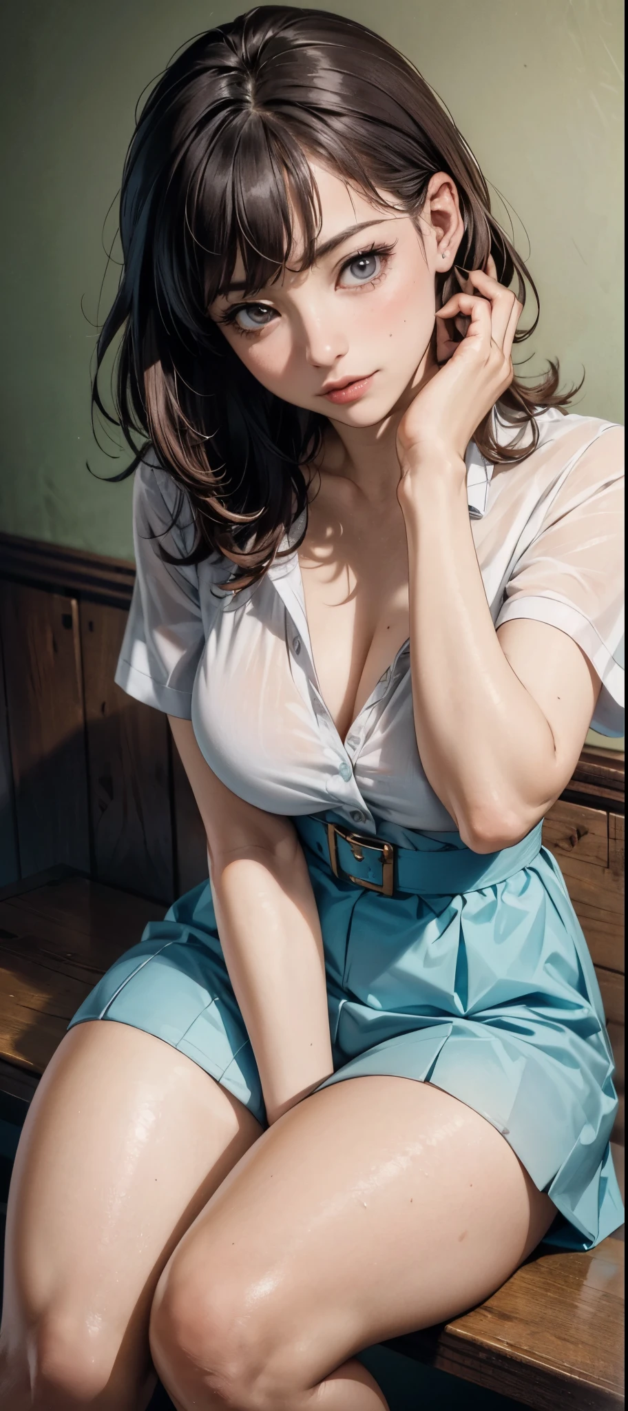 girl in summer clothes, white blouse, light blue shorts, pantyhose or long stockings, making like she wants to kiss you, view from viewer, medium breasts, cleavage, random backgroud, flirtatious look, ((very detailed)), (perfectly detailed face), (well detailed hand) photorealistic image.