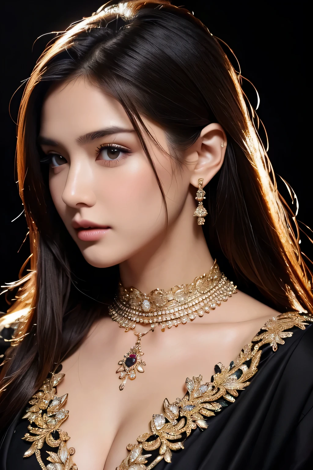 Arafe woman wearing sari and necklace, composite set, Bejeweled, wearing complicated clothes, intricate jewelry, with intricate details, intricate costumes, wearing elegant jewelry, intricate details. from the front, black gem, detailed jewelry, high intricate details, hand jewelry model pictures, close portrait, complex beauty, intricate jewelry, side view intricate details, masterpiece, 最high quality, high quality, High resolution, beautiful face、(realistic face)、realistic eyes、美しいfine eyes、realistic skin、beautiful skin、surreal、very detailed、beautiful lighting、sharp focus、various poses、超detailed face、fine eyes、more hair、brown hair、long hair、beautiful hairstyle、detailed face、chest exposure、cleavage、(big breasts)、incredibly stupid, ridiculous, (((black background)))