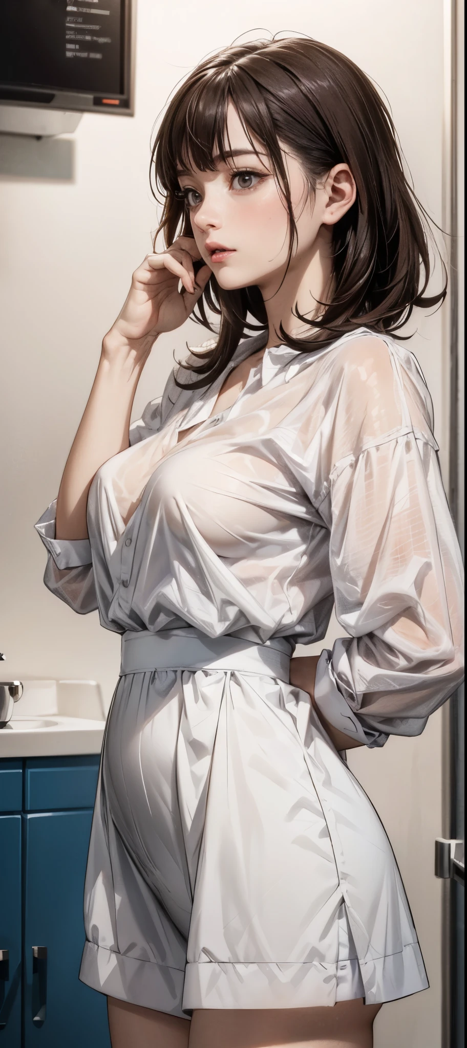 girl in summer clothes, white blouse, light blue shorts, pantyhose or long stockings, making like she wants to kiss you, view from viewer, medium breasts, cleavage, random backgroud, flirtatious look, ((very detailed)), (perfectly detailed face), (well detailed hand) photorealistic image.