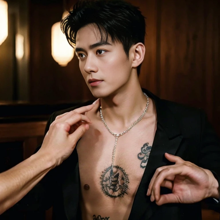A handsome boy, 20 years old, big eyes, square face, short black hair, muscular, tattoos on his neck, wearing a black suit and shirt, and a middle-aged rich businessman, round face, a little bald, two handshake cooperation, best quality, master work, masterpiece , touching each other , sexy , groping , sexy , nsfw , eroticism , latex thong , full length shot , 16k resolution , ultra-high clarity , hyperrealism, uhd