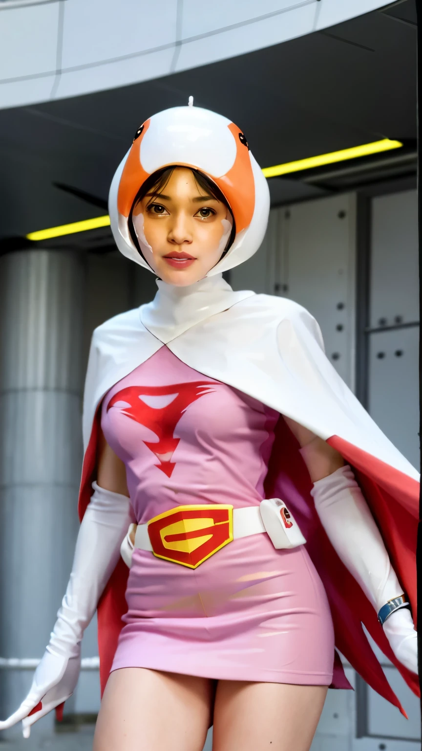 A woman wearing a pink dress and cloak is standing in front of a building, power girl,Jun the Swan、science ninja、 As a retro-futuristic heroine, As a retro-futuristic heroine, sheila, she - ra, anime female hero portrait, Portrait of a modern dharna, anime visual of super girl, super girl, official art, Dinah Drake, hironaka, blowjob white mecha