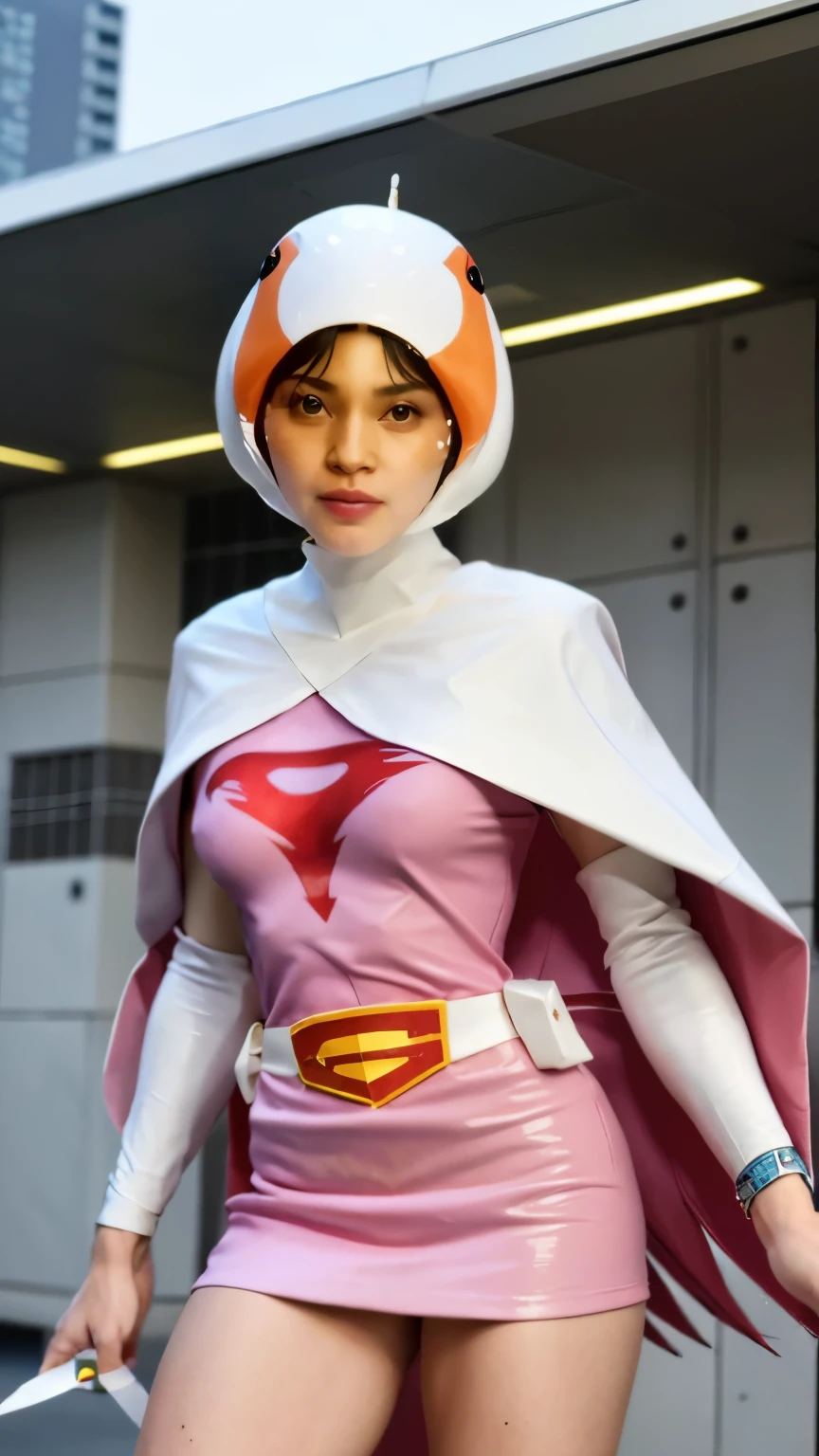 A woman wearing a pink dress and cloak is standing in front of a building, power girl,Jun the Swan、science ninja、 As a retro-futuristic heroine, As a retro-futuristic heroine, sheila, she - ra, anime female hero portrait, Portrait of a modern dharna, anime visual of super girl, super girl, official art, Dinah Drake, hironaka, blowjob white mecha