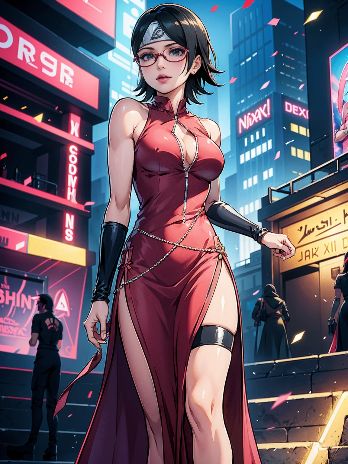 ((Sarada Uchiha, uchiha sarada, short hair, black hair, glasses, black eyes)), (((muscular, fitness, hot, pink lipstick))), Top quality, High Definition, ultra sharp, masterpiece, ((masterpiece, 1girl, solo, beautiful)), best quality, expressive eyes, perfect face, Super eyes, masterpiece, highly detailed exquisite character art, epic fantasy, 1Woman, Egyptian, Attractive, (((bodycon dress, long dress), (shiny, silky), Short black hair, Long Bangs)), cityscape, cyberpunk setting, futuristic, neon highlights, neon makeup, glamorous, red attire, Coachella event, paparazzi, god rays, spotlights, confetti