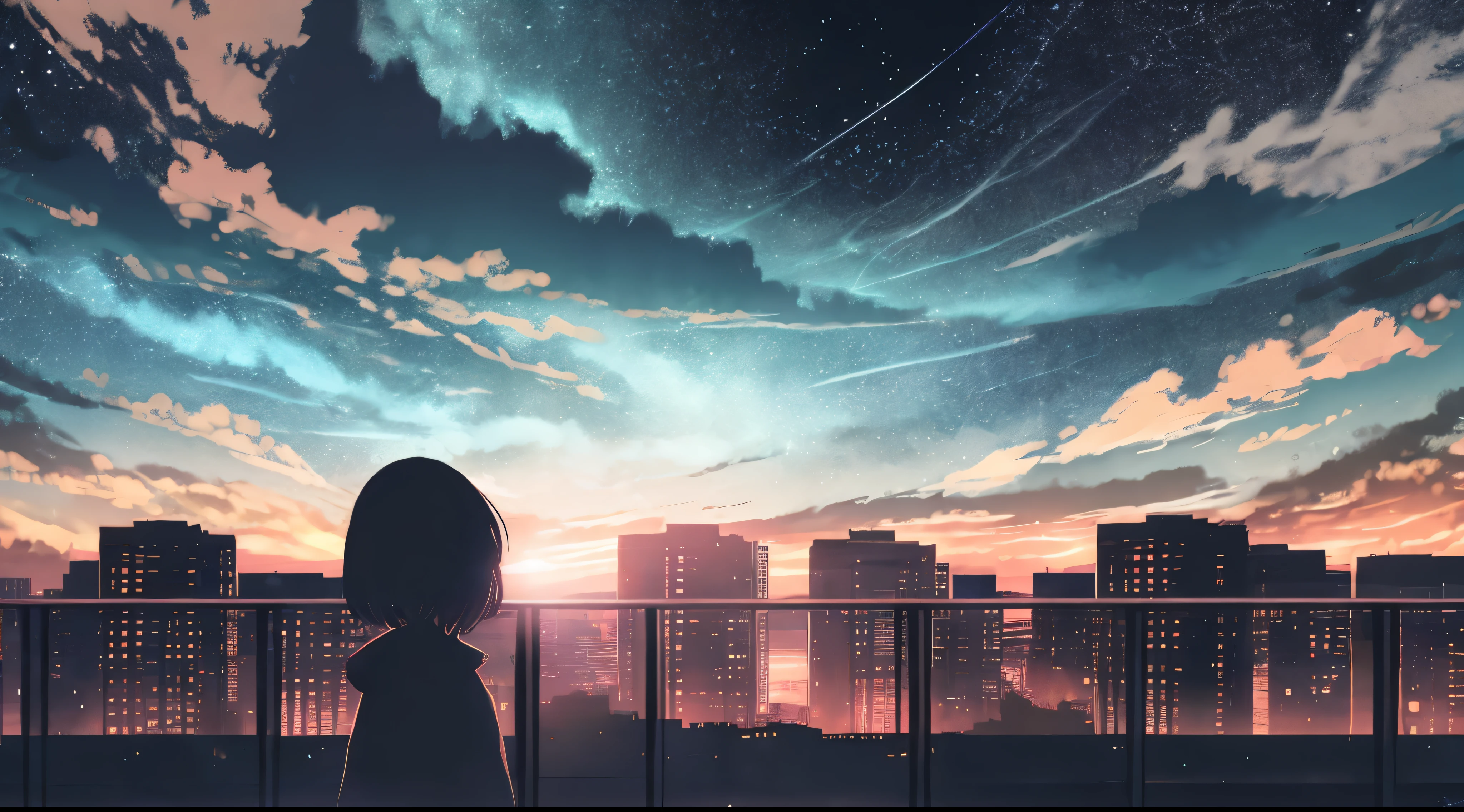 anime,silhouette,1 girl, star (null), cloud, cityscape, building, city, outdoors, nullscraper, city lights, night, night null, sunset, nullline