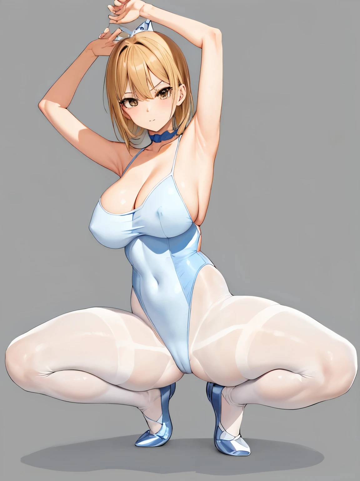 青いleotardを着た女性がヨガのポーズをとっています, long blonde woman, brown eyed woman, anime pose, kawaii playful pose of a dancer, ballet style pose, leotard着用, clothing:leotard, 青いleotardを着たかっこいいアニメの女性, wearing white tights, wearing white pantyhose, Do splits and stretches, Full body fun pose, tip pose, high school girl, big breasts, had very large breasts, leotard with an blue, ballet pose, ballerina, pantyhose with an white, tigits with an white, nervous pose, frantic dancing pose, strongest pose, she is dancing. High leg, Reality,