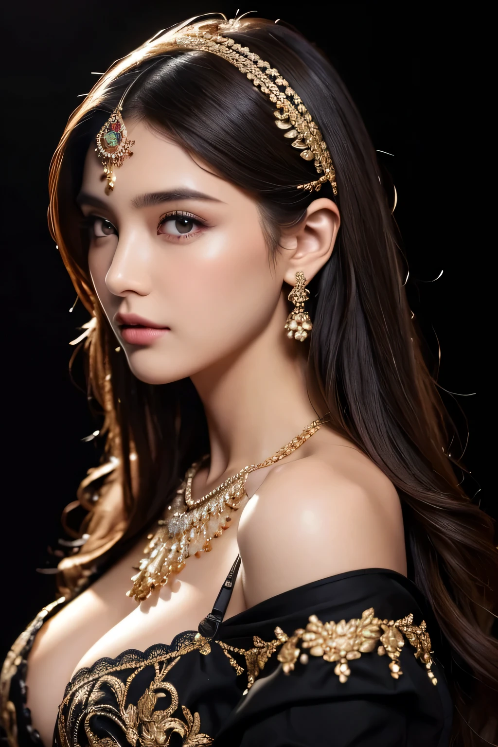 Arafe woman wearing sari and necklace, composite set, Bejeweled, wearing complicated clothes, intricate jewelry, with intricate details, intricate costumes, wearing elegant jewelry, intricate details. from the front, black gem, detailed jewelry, high intricate details, hand jewelry model pictures, close portrait, complex beauty, intricate jewelry, side view intricate details, masterpiece, 最high quality, high quality, High resolution, beautiful face、(realistic face)、realistic eyes、美しいfine eyes、realistic skin、beautiful skin、surreal、very detailed、beautiful lighting、sharp focus、various poses、超detailed face、fine eyes、more hair、brown hair、long hair、beautiful hairstyle、detailed face、chest exposure、cleavage、(big breasts)、((close up of face))、incredibly stupid, ridiculous, (((black background)))
