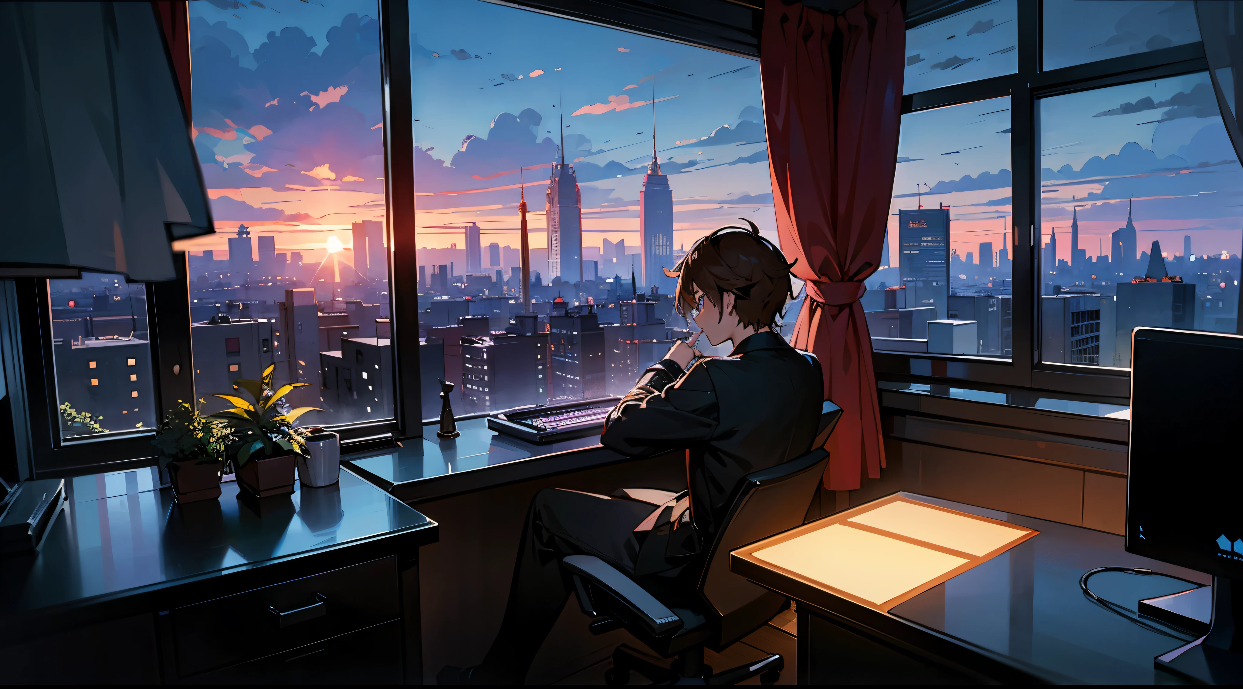 1 male、twinks、独奏、sitting on, room with, messy brown hair, blue eyes, gaming setup, gaming computer, 2 gaming monitors, looking at the viewer, Rough clothing, dark, City view at night from the window, Dark room, Flower pots on the windowsill, potted plant, Tulle transparent curtains, Socialist classicism, high buildings. city light, Cityscape, moon , the clouds, Black sky, Lonely silhouette by the window, raining dark