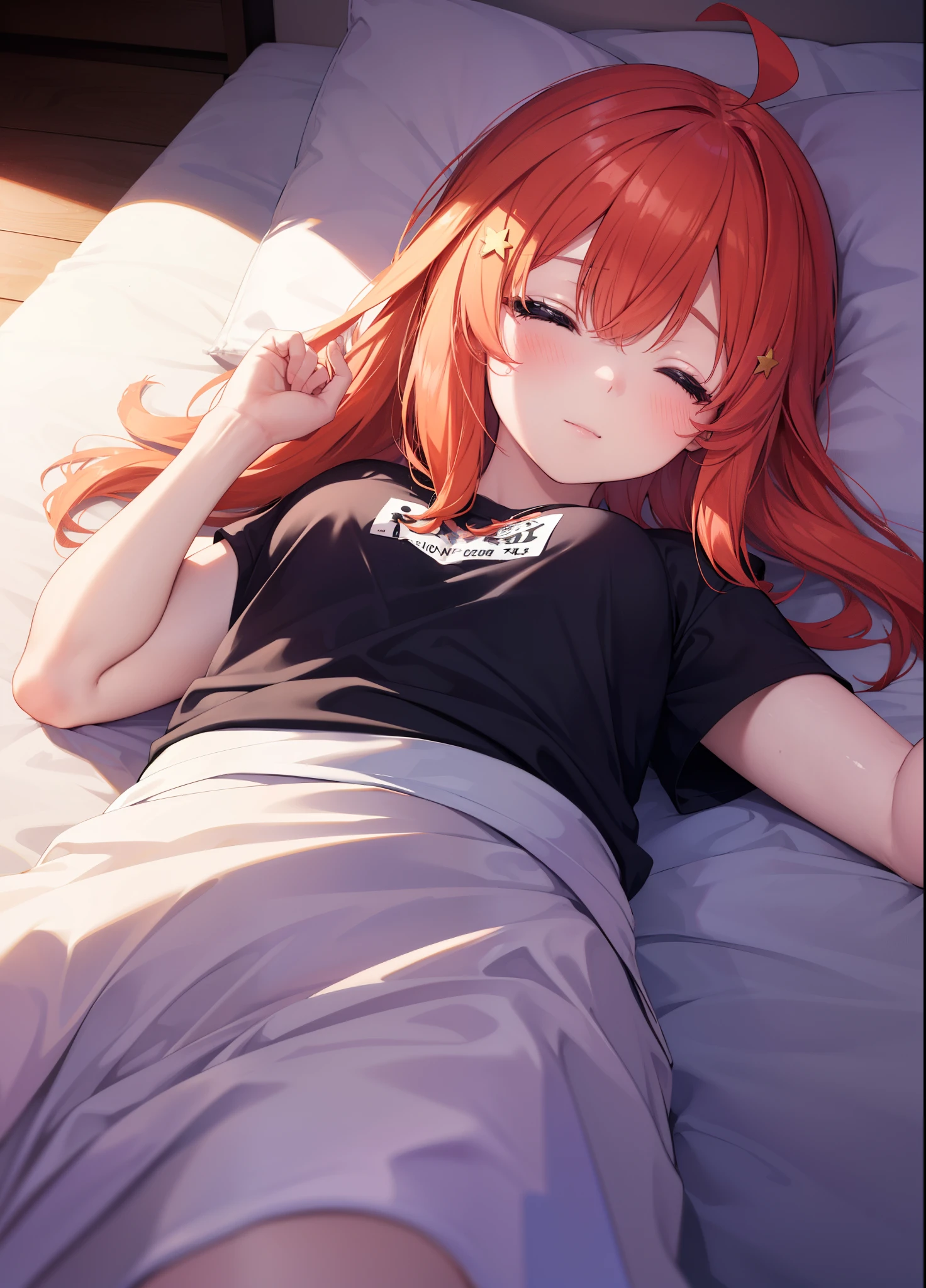 itsukinakano, Itsuki Nakano, bangs, hair between eyes, Ahoge, redhead, ,girl sleeping with both eyes closed,smile,Bedroom,light goes out, windows,romantic starry sky,extreme light,A meteor crosses,T-shirt,red underwear,sleeping in bed,night,Sleeping lying on your back in bed,
break indoors, Bedroom,
break (masterpiece:1.2), highest quality, High resolution, unity 8k wallpaper, (shape:0.8), highly detailed face, perfect lighting, Very detailed CG, (perfect hands, perfect anatomy),