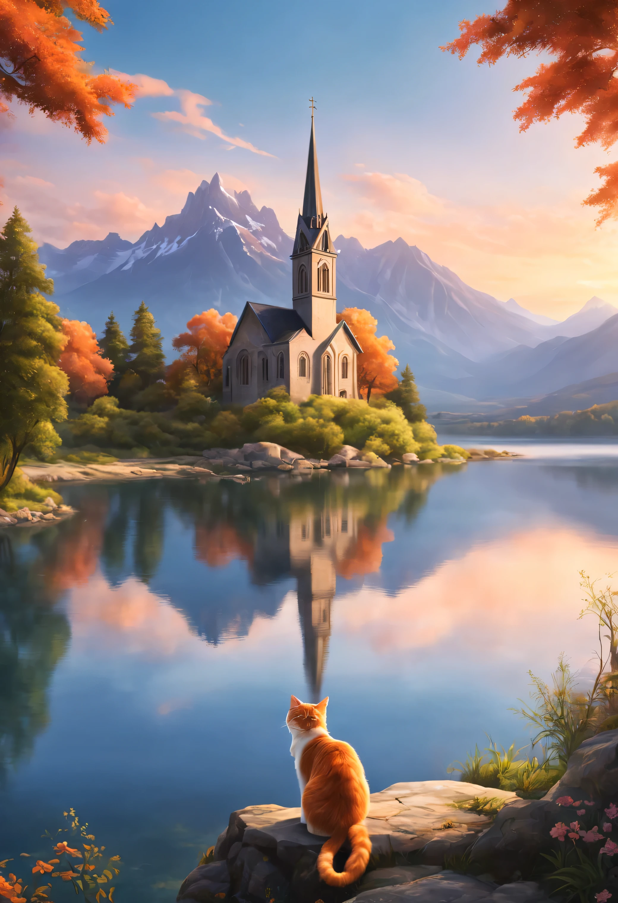 This beautiful image captures a tranquil lake and its surrounding landscape, Taken at sunrise or sunset. Details below:
lake:
quiet, mirror-like lake.
null:
nullが鮮やかなオレンジのグラデーションに染まる, pink, And blue. This indicates dawn or dusk.
Lots of mountains々:
majestic snow-capped mountain々stands tall in the background. 暖かいnullの色調と対照的です.
islandと教会:
island, located in the middle of the lake, There is an old church with a prominent spire above it.. The surrounding environment is lush with greenery..
The architecture of the church is traditional、stands out against the natural background。.
Cat:
茶色と白のCatが画面の近くの海岸に背を向けて座っています, And I can't see your face, Quietly looking at the church on the opposite bank.
This beautiful scenery will heal your heart、impress me.