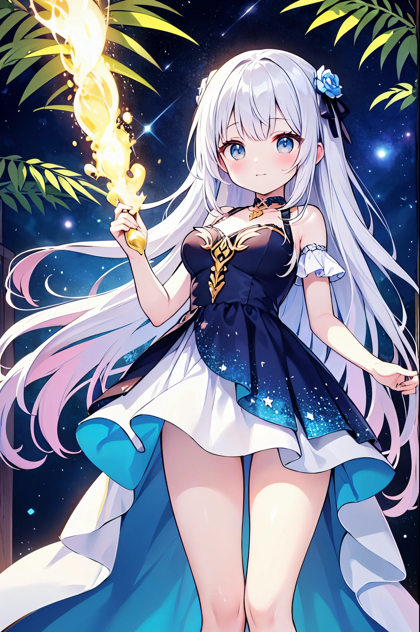 (masterpiece)、(highest quality)、((Super detailed))、(super delicate)、Ero cute、pastel colored hair、beautiful breasts、beautiful thighs、Gorgeous、Fantastic forest and starry sky、Golden, silver, and deep blue dress、look up from below