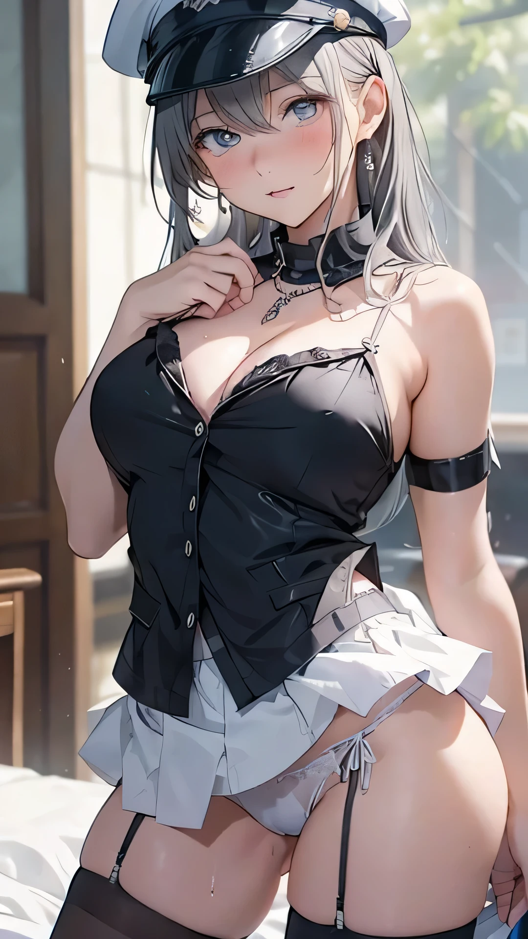 ((masterpiece)), ((highest quality)), (Super detailed), ((very detailed)), 4k, (8k), highest quality, anime style, cinema light、whole body, focus on the face, perfect style, cute face, Accurate, anatomically correct, ノ very detailed顔と肌の質感, fine eyes, 1 natural cheek, shiny skin, Fair skin, Glossy skin、glossy lips、 embarrassed look,、exposed cleavage、cleavage sperm、sperm on thigh、caught sperm、Overflowing sperm、masturbation act、touch crotch、skirt lift、blush、humiliating、embarrassing、frown、please open your knees、open your legs、 white top and bottom underwear、white bra、small shiny earrings and necklace、disheveled clothes、exposed panties、stockings、soaking wet、sweaty、thin clothing、whole bodyポートレート、28 years old, decent woman,1 person、 upturned chest、silver hair、blonde、greenish gray eyes、blue gray eyes,Bedroom、bed、bright lighting、all limbs、Refers to the whole、Slender beauty、(beautiful big breasts:1.3)、female police officer、blue miniskirt police costume、