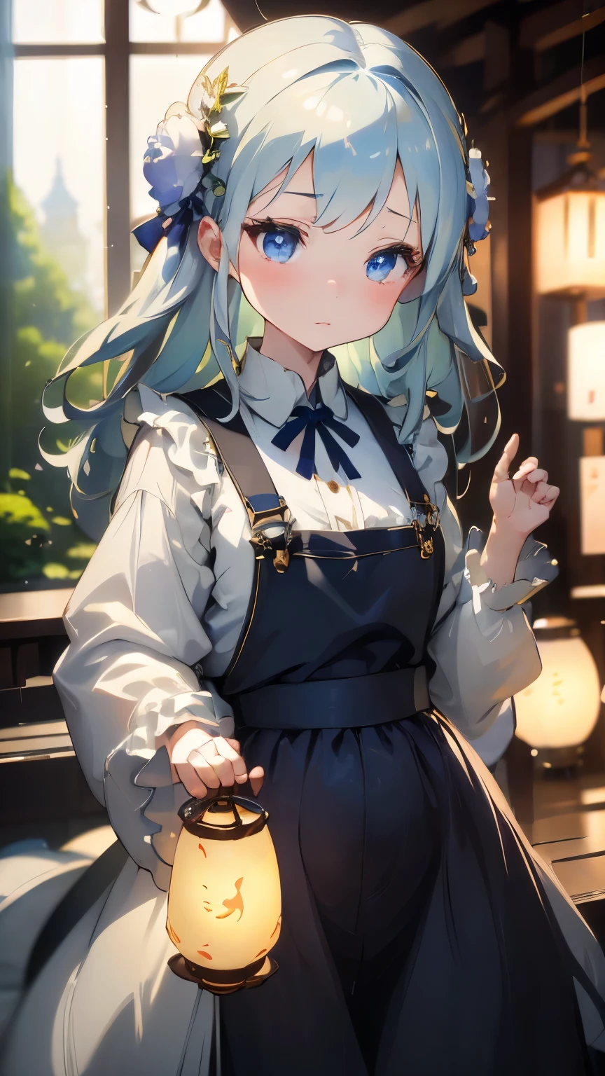 (((dark room)))、Girl Looking Sideways:1.2、Landscape:1.2、An ennui look、(((Blurry overall:1.2)))、pale colors、A mysterious space、big flower hair ornament、white flower hair ornament、beige hair、cute face、small breasts、medieval white shirt、blue apron、(((Increased depth of field)))、big collar、lantern、沢山あるlantern、candle、candleの灯、Pale flame、lantern