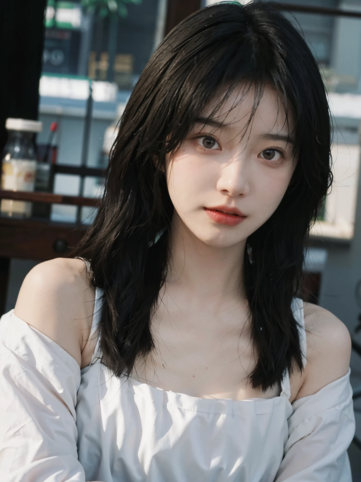 Film portrait photography, 2 girls, bare shoulders, Shoulder length wavy hair, Snow-white cheongsam,(Realistic and detailed eyes, natural skin texture, Realistic facial details),, depth of field, Bokeh, Vibrant details, Detailed and detailed, Surrealism, 35mm film, hazy, ,Selfie,