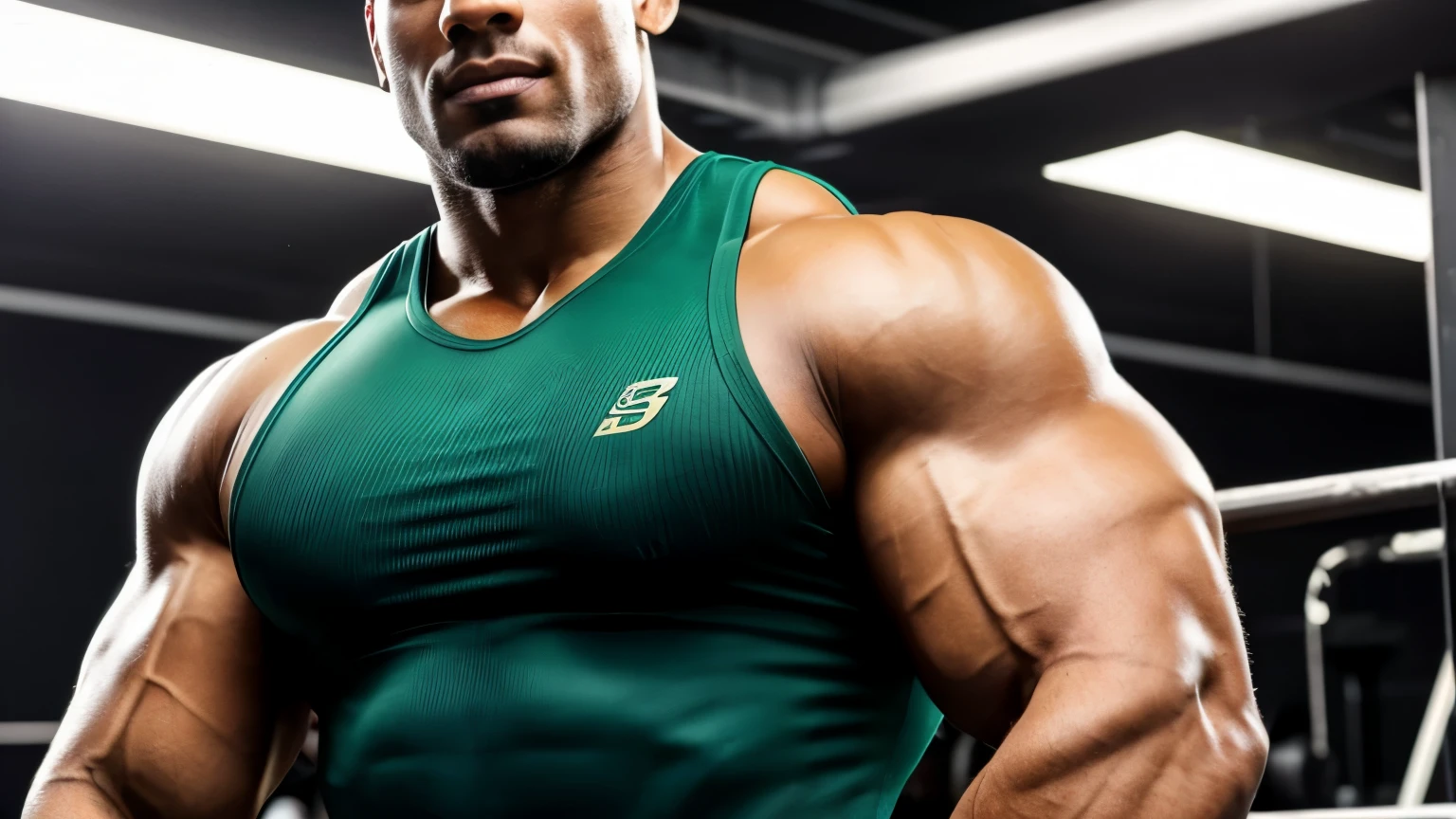 Advertising photo, a bodybuilder man in green, very muscular, his muscles are red which shows that the training was heavy, all his muscles hypertrophied, blue background, 8k, full body realism,