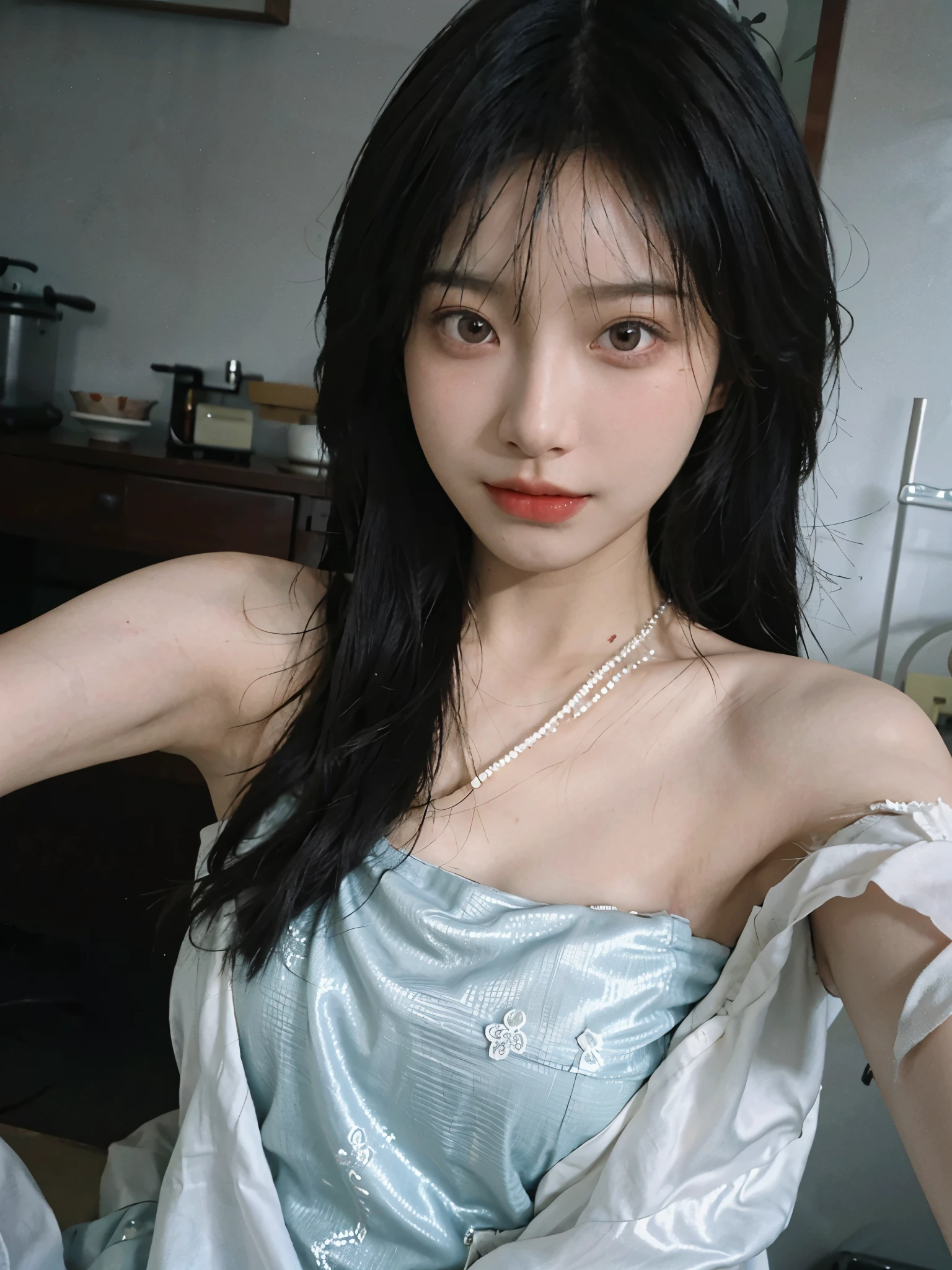 Film portrait photography, 2 girls, bare shoulders, Shoulder length wavy hair, Snow-white cheongsam,(Realistic and detailed eyes, natural skin texture, Realistic facial details),, depth of field, Bokeh, Vibrant details, Detailed and detailed, Surrealism, 35mm film, hazy, ,Selfie,