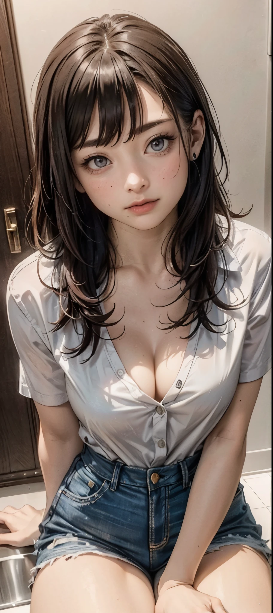 girl in summer clothes, white blouse, light blue shorts, pantyhose or long stockings, making like she wants to kiss you, view from viewer, medium breasts, cleavage, random backgroud, flirtatious look, ((very detailed)), (perfectly detailed face), (well detailed hand) photorealistic image.