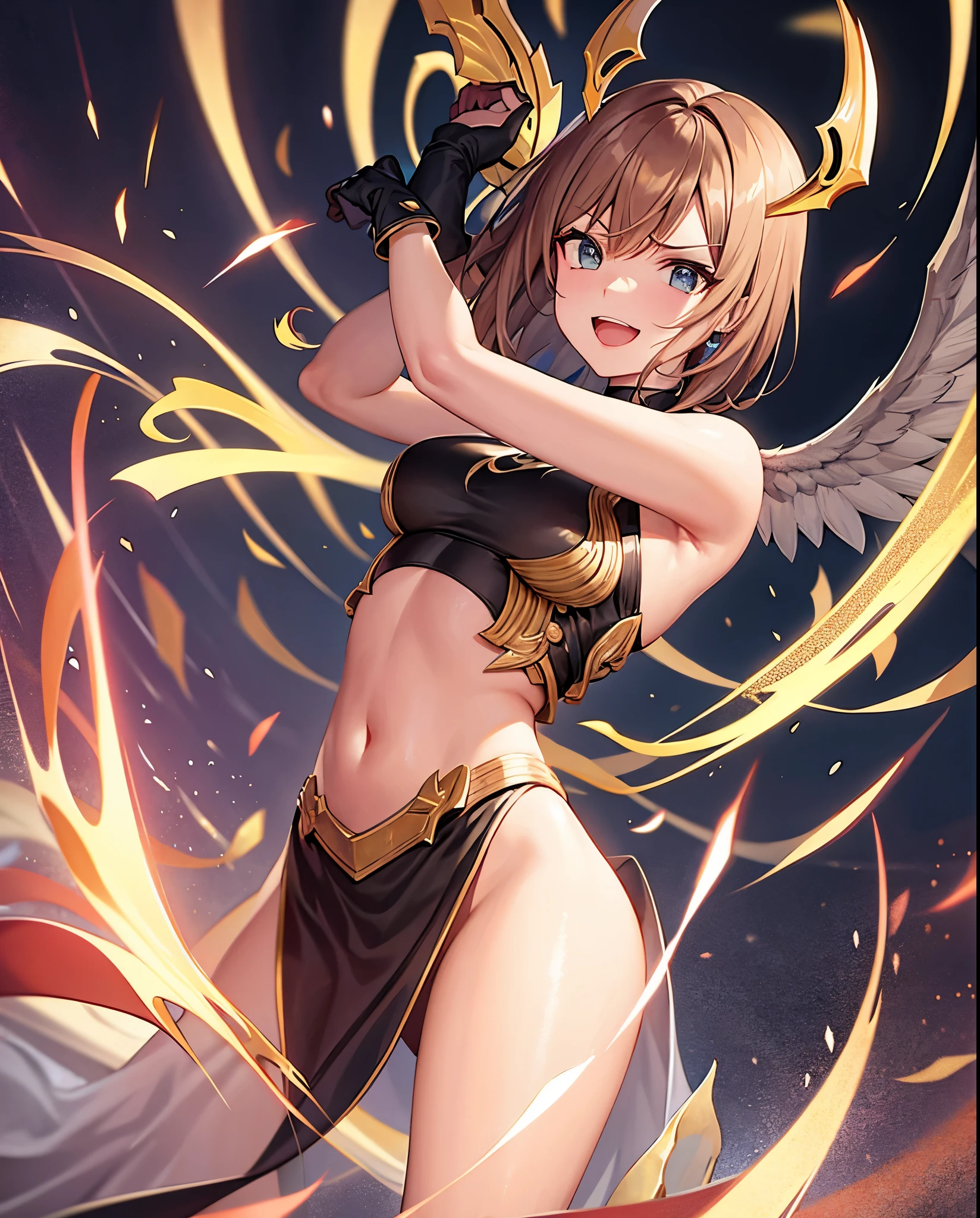 fantasy, 1angel_girl,, ,brown_hair, medium_bob_hair, long_bangs, halo,bare_shoulder,thighhighs,silver_armor, waist_armor, large_breasts,angry,grinning,open_mouth_teeth, 1pair_wings, dynamic_pose_fighting,floating, bare_crotch, headgear,gauntlet, greaves,city_sky_background,slightly_spread_legs, solo, groin_naked,dark_skin,