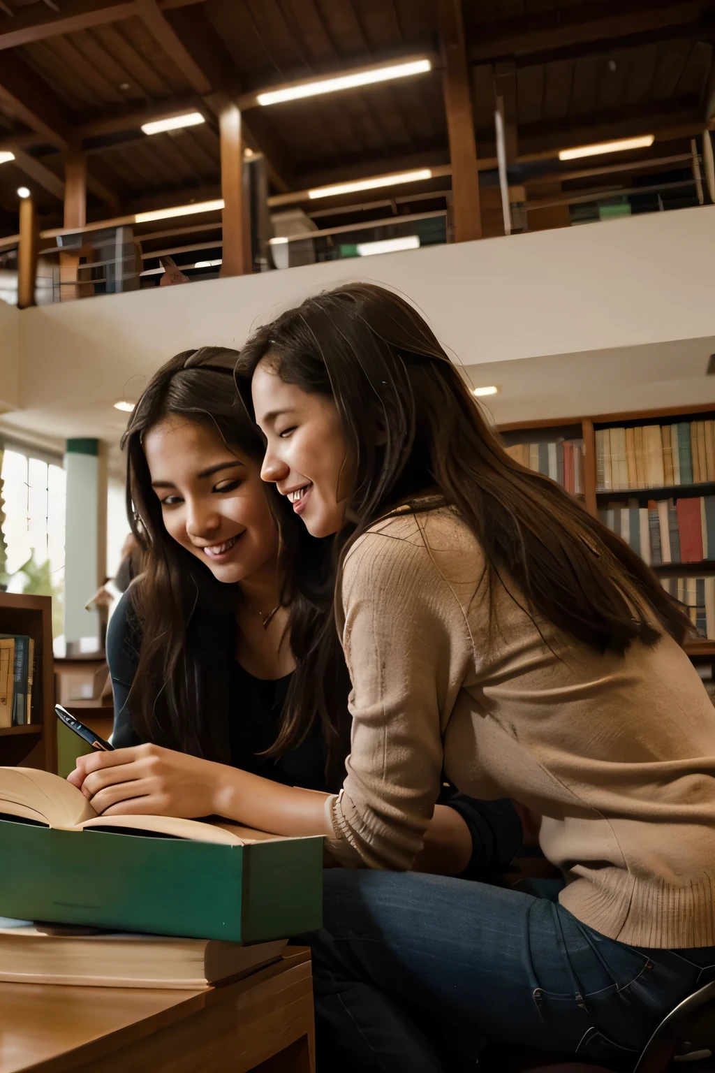 Dos estudiantes universitarios (hombre y mujer) They are in a library researching.. Hay libros y computadoras. The scene is permeated with infinite peace and indescribable happiness that surrounds everything....