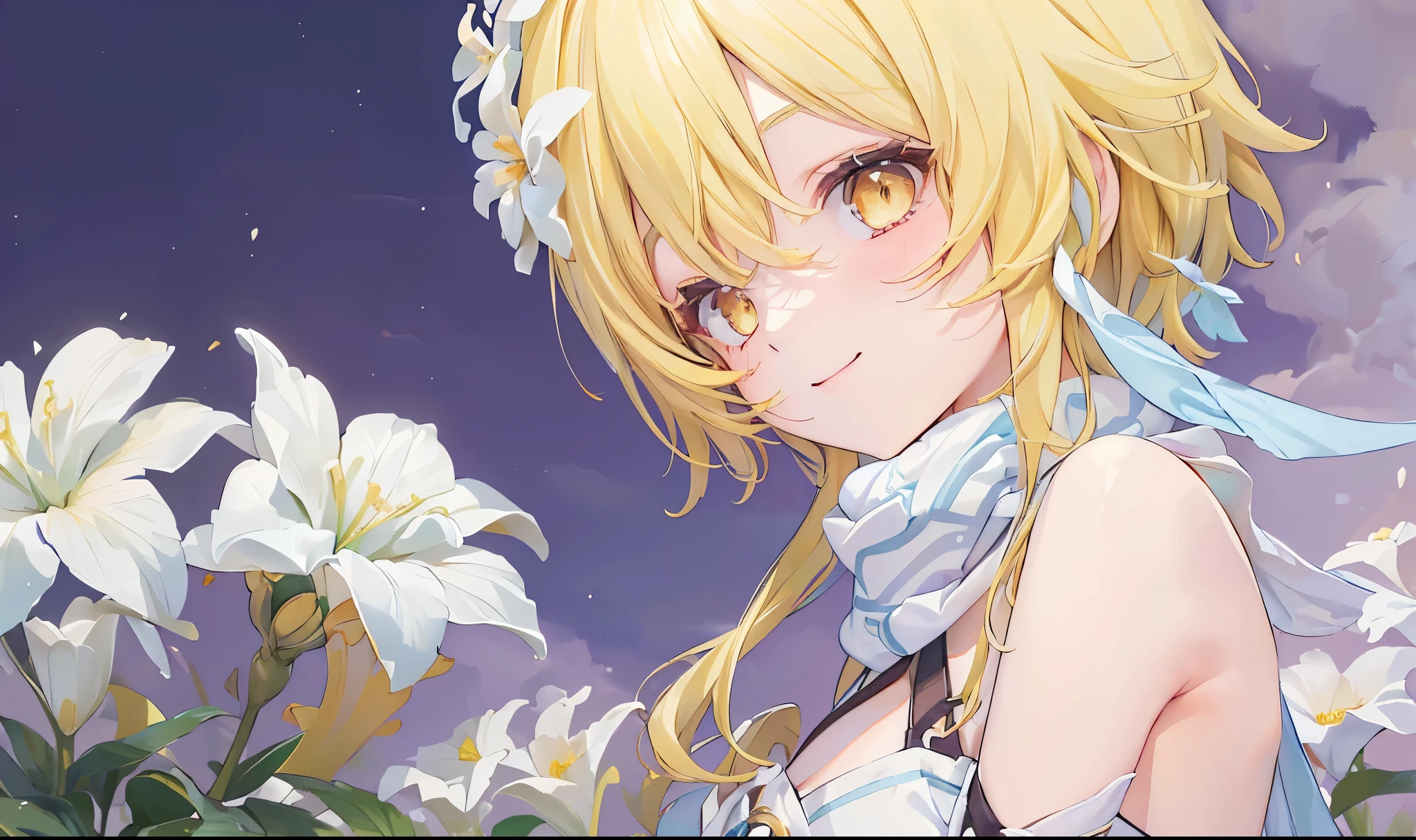 masterpiece,beautiful background of flowers,soro,((1girl)),Lumine, Genshin Impact, (yellow hair), orange eyes, short hair, sideburns,hair between eyes,bare shoulders,(White neck muffler),White dress,(((Kind Smile))), laughing,White flower hair ornament, bare shoulders