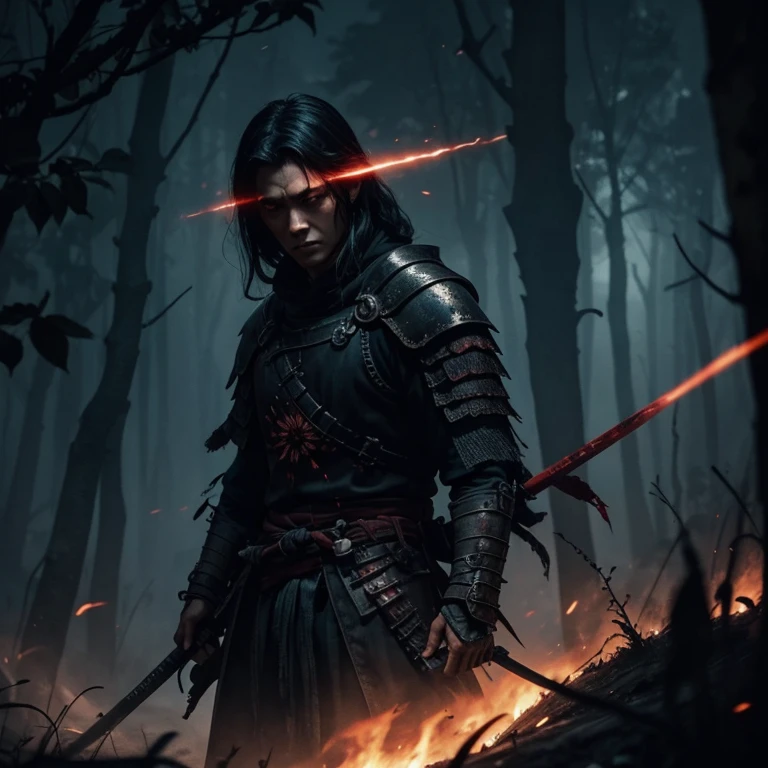 Digital watercolor stunning_scary_undead_samurai_warrior_silhouette :: dark_forest :: medieval :: dark_scene :: dark_scenery :: blood :: surrounded by glowing luminescent particles :: Fantasyscape sunset, by CC, Waterhouse, Carne Griffiths, Minjae Lee, Ana Paula Hoppe, Stylized watercolor art, Intricate, Complex contrast, HDR, Sharp, soft Cinematic Volumetric lighting, beautifully shot, hyperrealistic, wide long shot, perfect masterpiece