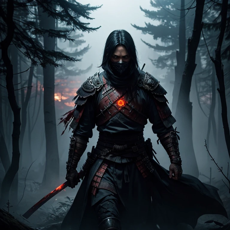Digital watercolor stunning_scary_undead_samurai_warrior_silhouette :: dark_forest :: medieval :: dark_scene :: dark_scenery :: blood :: surrounded by glowing luminescent particles :: Fantasyscape sunset, by CC, Waterhouse, Carne Griffiths, Minjae Lee, Ana Paula Hoppe, Stylized watercolor art, Intricate, Complex contrast, HDR, Sharp, soft Cinematic Volumetric lighting, beautifully shot, hyperrealistic, wide long shot, perfect masterpiece
