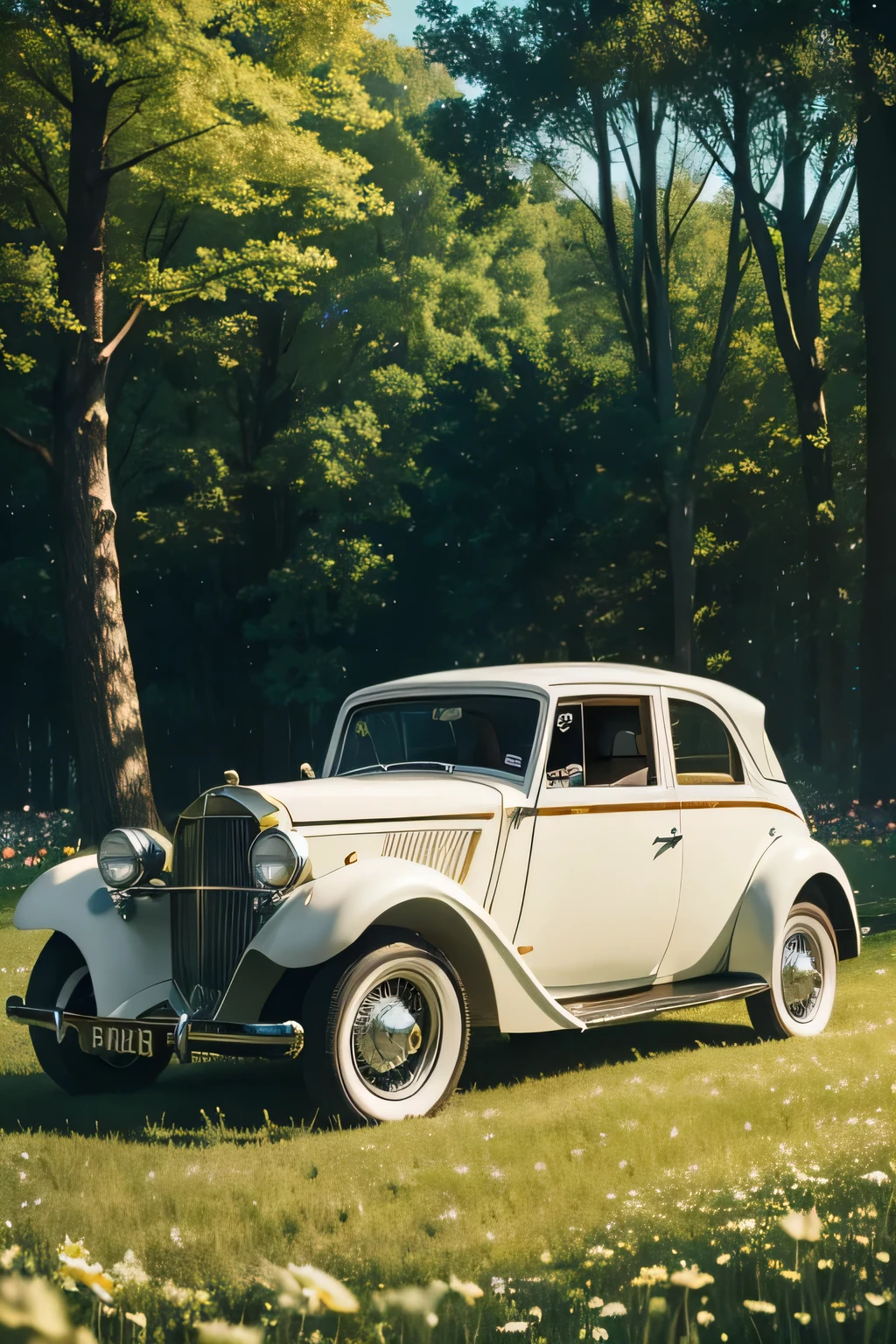 white open vintage car with no roof and velvet interior in the middle of a beautiful field of grass and flowers glowy soft light warm sunlight shot from isometric angle trees in background bokeh dreamy fantasy
