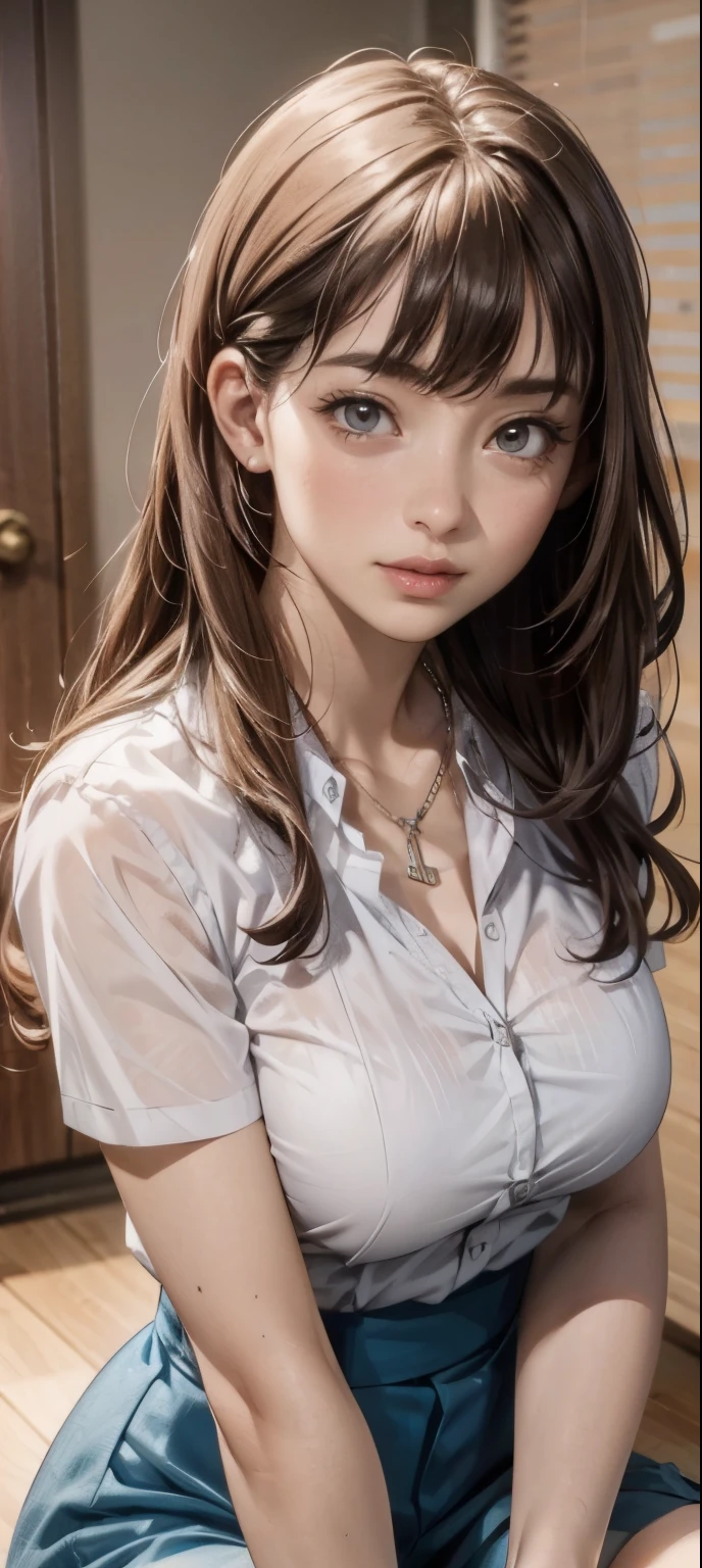 girl in summer clothes, white blouse, light blue shorts, pantyhose or long stockings, making like she wants to kiss you, view from viewer, medium breasts, cleavage, random backgroud, flirtatious look, ((very detailed)), (perfectly detailed face), (well detailed hand) photorealistic image.