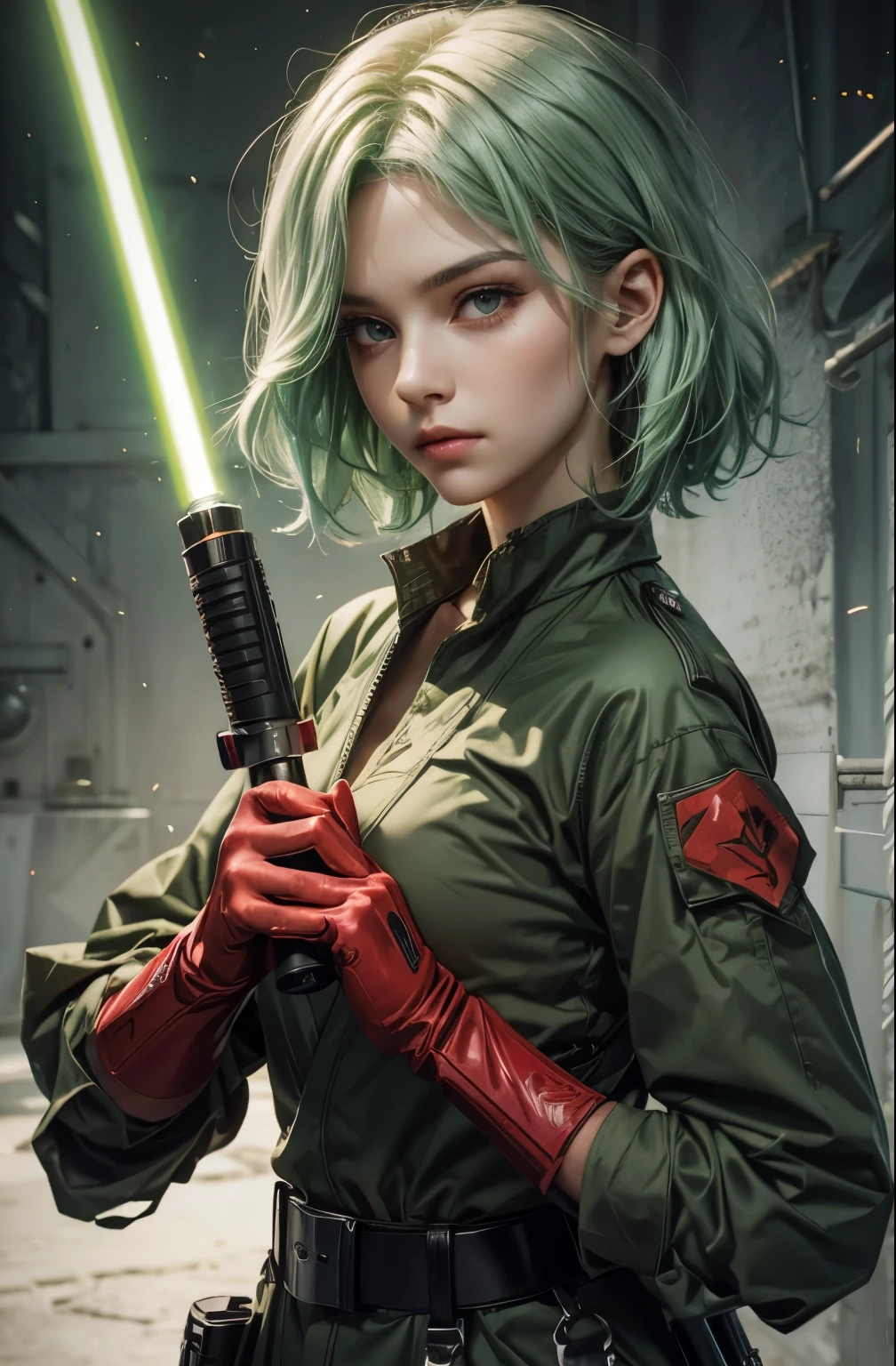 A beautiful woman. Seventeen. Light green hair. She is wearing a combat uniform that is based on red. He holds a light saber in one hand. He has a serious expression on his face.