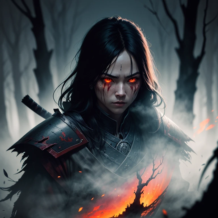 Digital watercolor stunning_scary_undead_samurai_warrior_silhouette :: dark_forest :: medieval :: dark_scene :: dark_scenery :: blood :: surrounded by glowing luminescent particles :: Fantasyscape sunset, by CC, Waterhouse, Carne Griffiths, Minjae Lee, Ana Paula Hoppe, Stylized watercolor art, Intricate, Complex contrast, HDR, Sharp, soft Cinematic Volumetric lighting, beautifully shot, hyperrealistic, wide long shot, perfect masterpiece