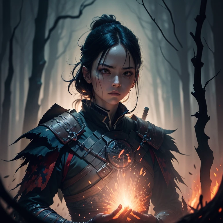 Digital watercolor stunning_scary_undead_samurai_warrior_silhouette :: dark_forest :: medieval :: dark_scene :: dark_scenery :: blood :: surrounded by glowing luminescent particles :: Fantasyscape sunset, by CC, Waterhouse, Carne Griffiths, Minjae Lee, Ana Paula Hoppe, Stylized watercolor art, Intricate, Complex contrast, HDR, Sharp, soft Cinematic Volumetric lighting, beautifully shot, hyperrealistic, wide long shot, perfect masterpiece
