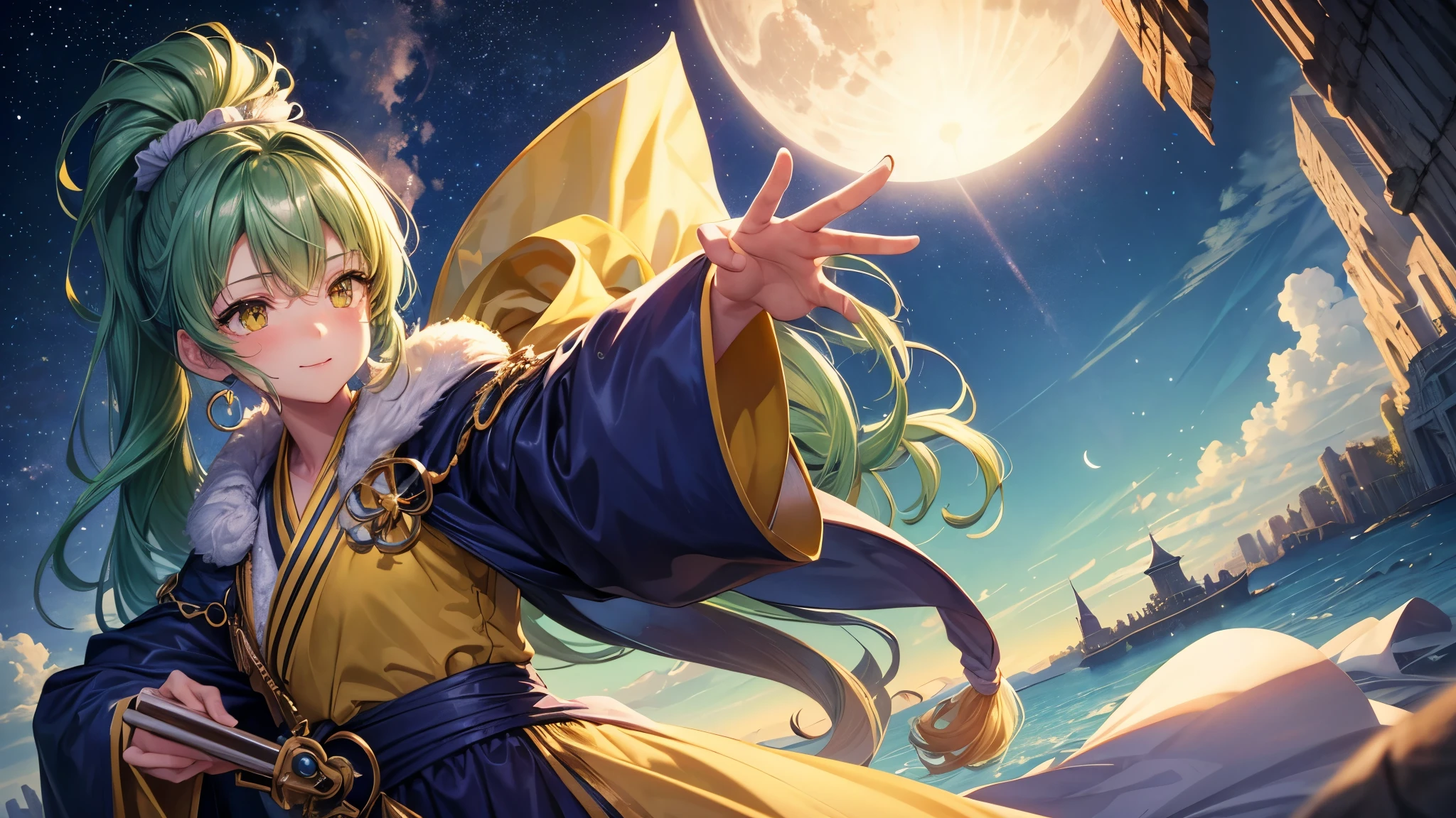 (perfect anatomy, masterpiece:1.2, best quality, 8k, beautiful detailed grow, daydreaming expression), break, panoramic-view ((beautiful night sky starry:1.2 sky and half moon)) in the hill, (solo ponytail green hair long hair cute girl, 14 yo, detailed yellow eyes, in a nighat robe, blushing smile, look up to sky.