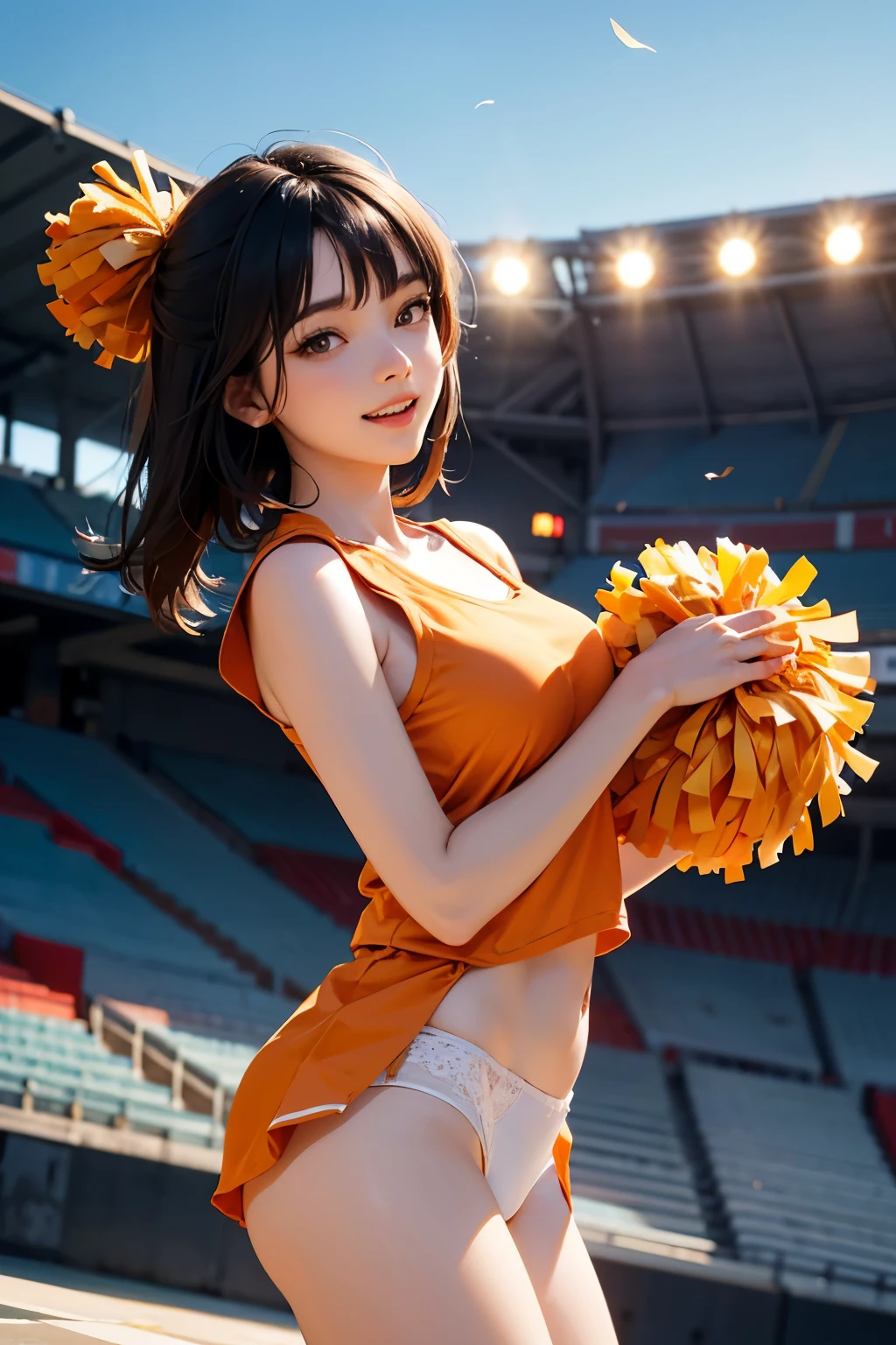 very cute and beautiful cheerleader girl,(highly detailed beautiful face),(holding pom poms:1.12),(laugh),looking at viewer, (stadium stands),cowboy shot,dynamic pose,white ,(sleeveless orange shirt),beautiful legs,black hair, (best quality,masterpiece:1.2),absurdres,highres,ultra-detailed,extremely detailed,32k,8k resolution, intricate details,cinematic scene,detailed background,solo,dynamic angle, hair fluttering in the wind,beautiful detailed sky,perfect hands,